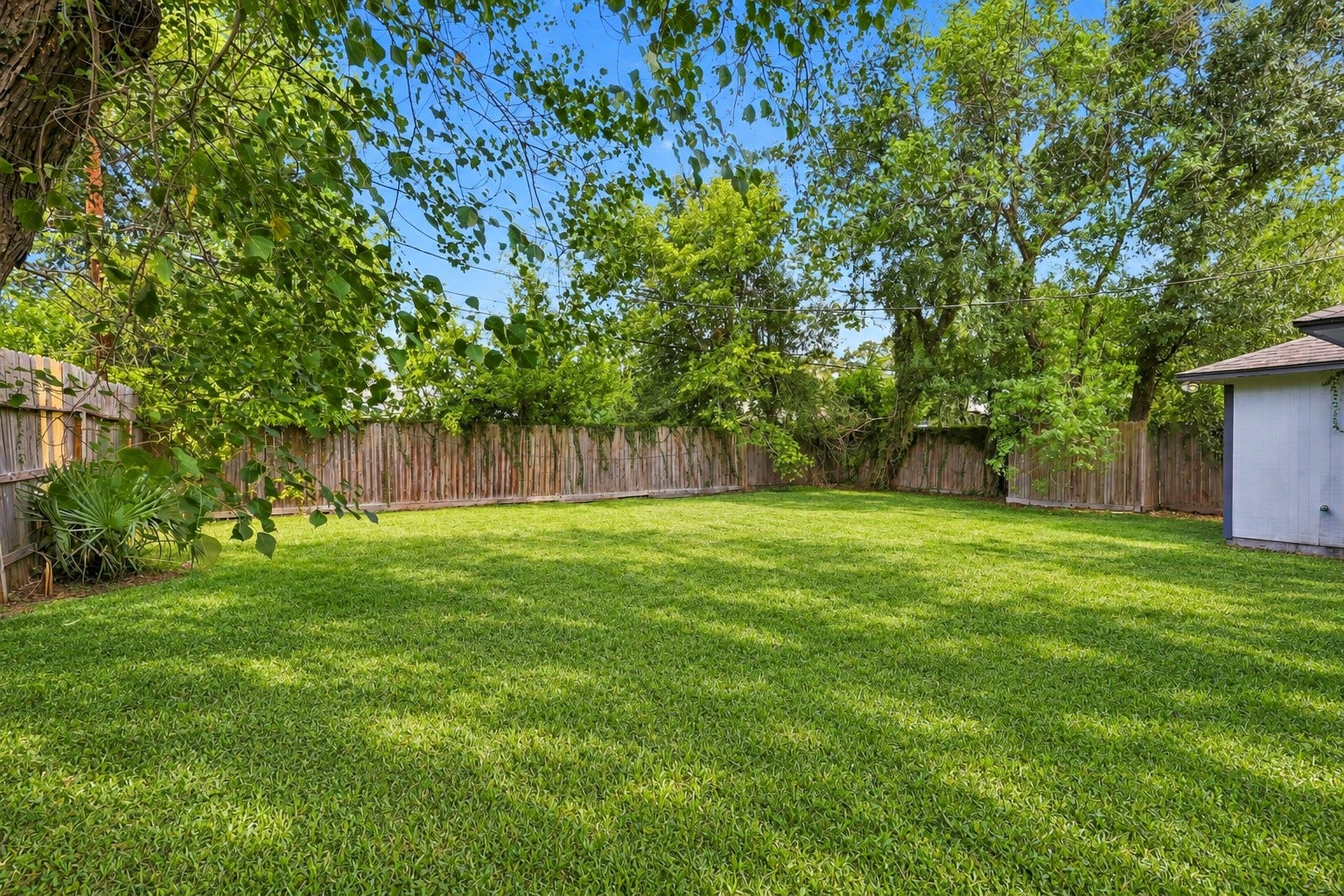 Just look at this beautiful backyard! The expansive green lawn, mature shade trees, and fully fenced yard create a wonderful outdoor retreat with plenty of room for pets, playtime, gardening, or simply enjoying a relaxing afternoon outdoors.