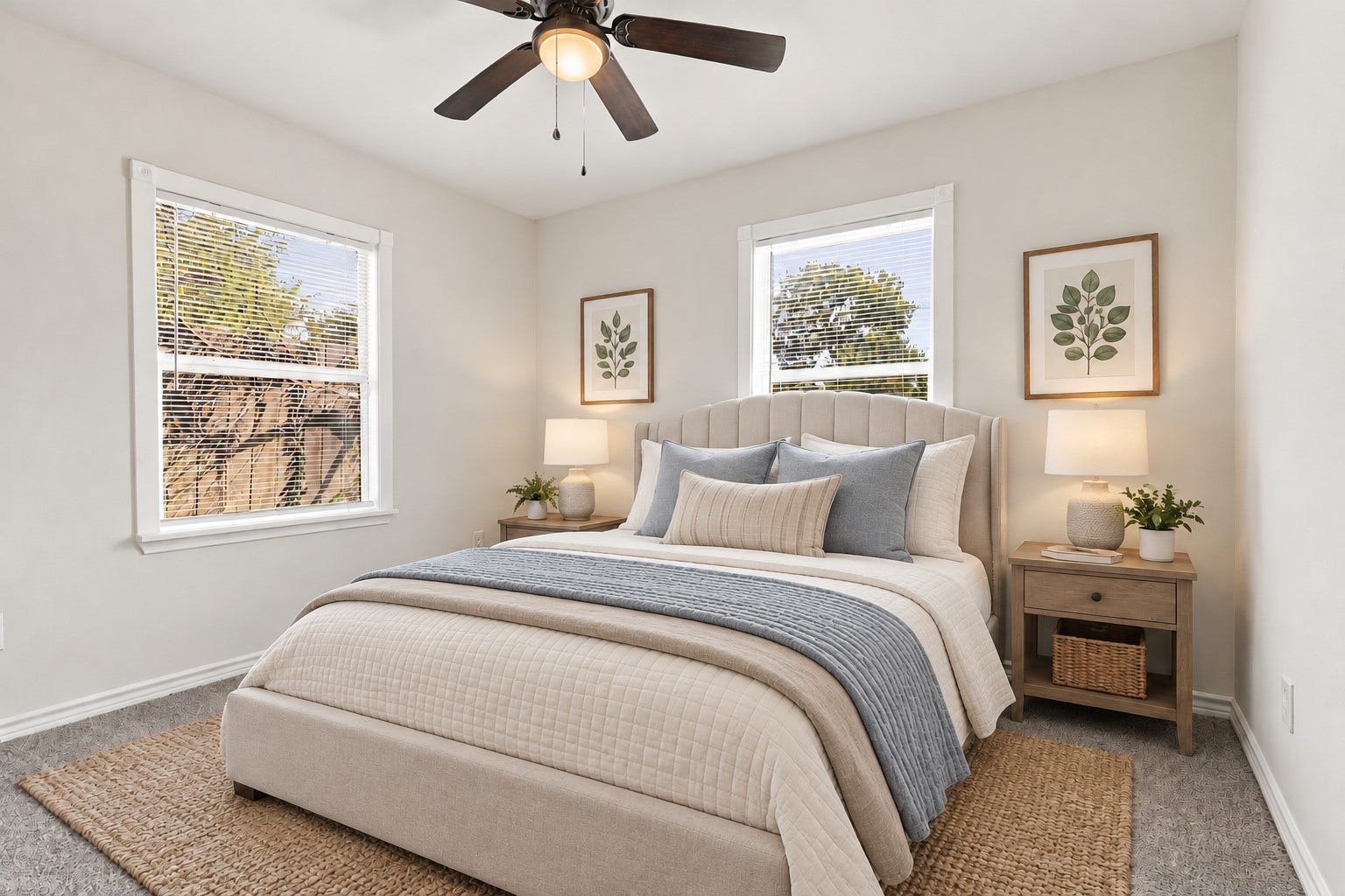 What a charming room! Two windows bring in lovely natural light, while soft carpeting, a ceiling fan, and soothing neutral tones create a comfortable and peaceful setting. Beautifully staged and ready for your personal touch, this bedroom is a wonderful addition to the home. *Virtually Staged*