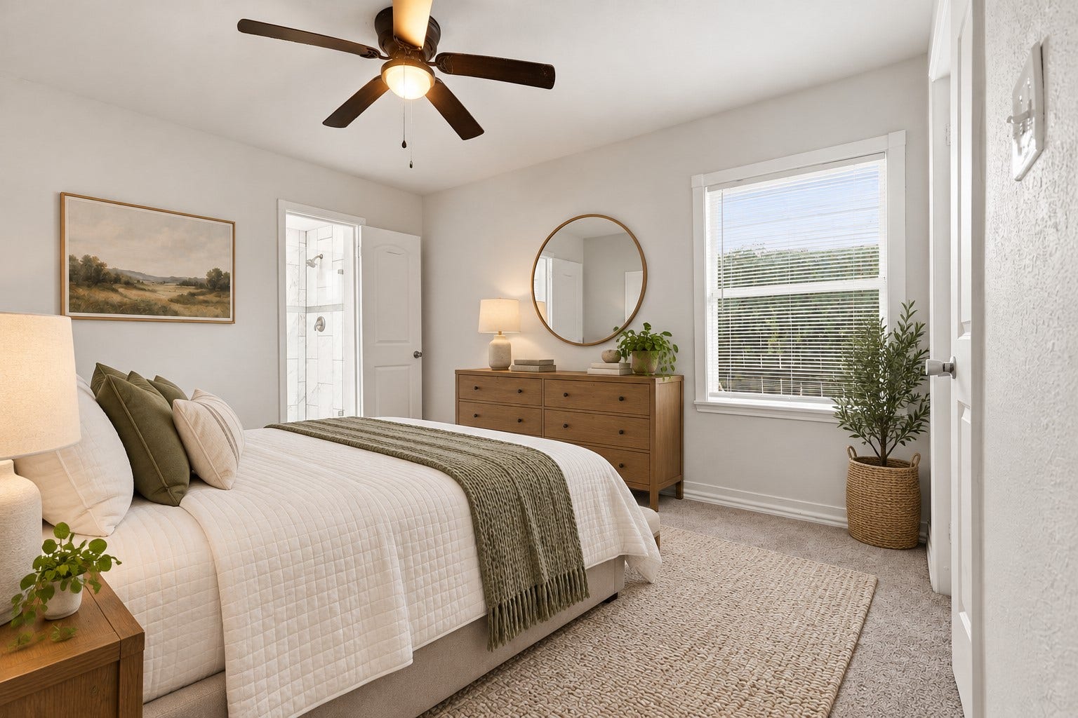 Your own peaceful retreat awaits! This inviting primary bedroom features a spacious layout, soft carpeting, a ceiling fan, and a large window that welcomes in natural light. Beautifully staged with a comfortable bed and warm, neutral accents, it's the perfect place to unwind and recharge at the end of the day. *Virtually Staged*