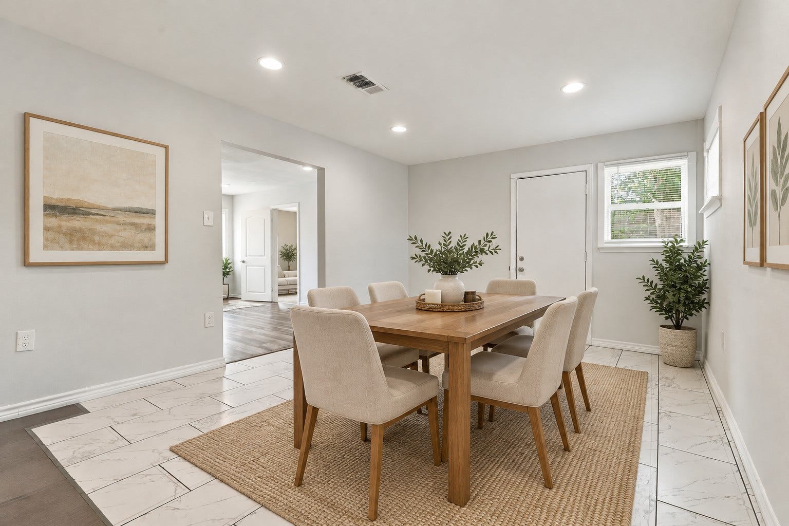 Gather around the table and make memories in this charming dining area! Beautiful tile flooring, recessed lighting, and a light, neutral color palette create a fresh and inviting setting for family dinners, holiday celebrations, and everyday enjoyment. *Virtually Staged*