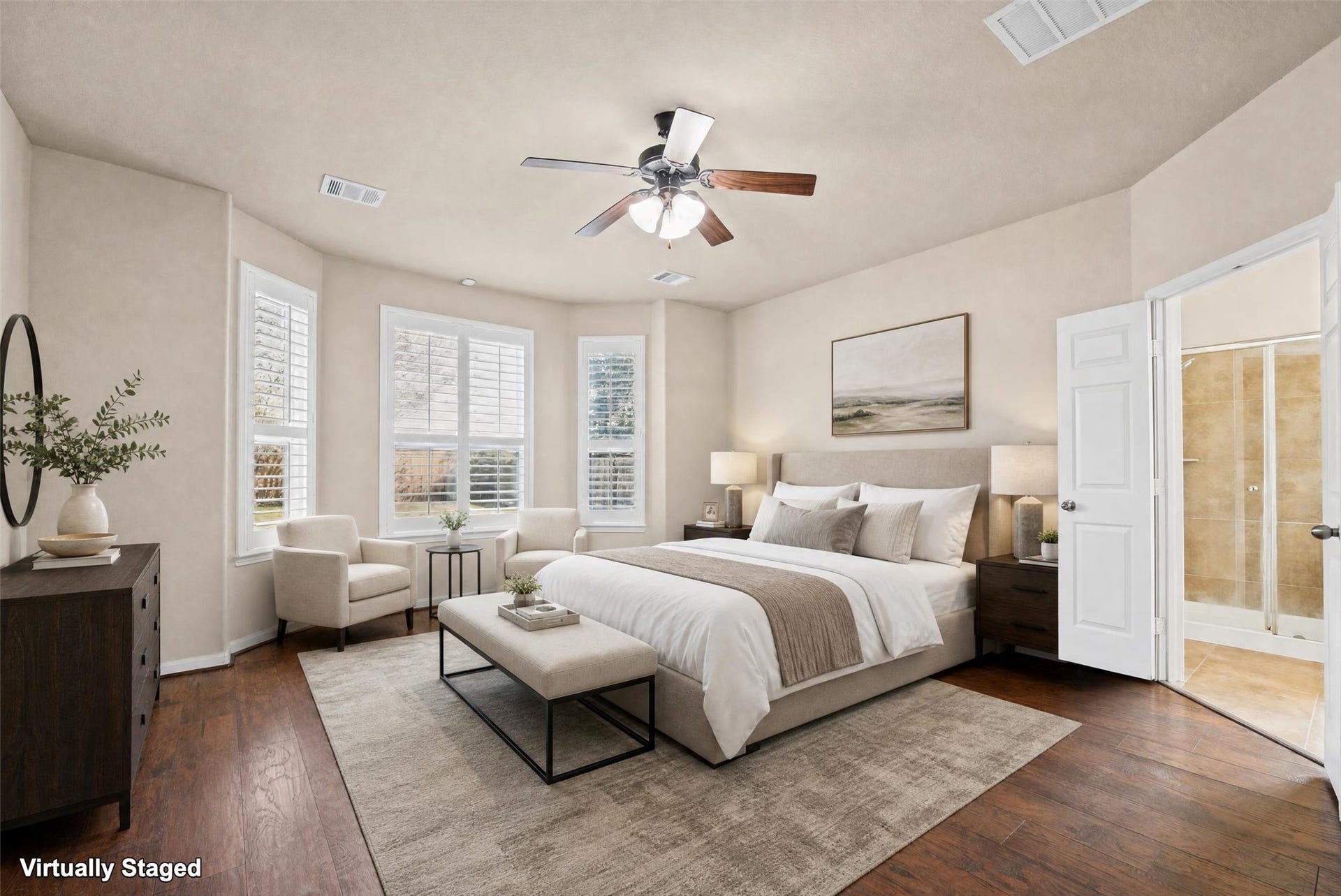 Virtually staged primary bedroom.