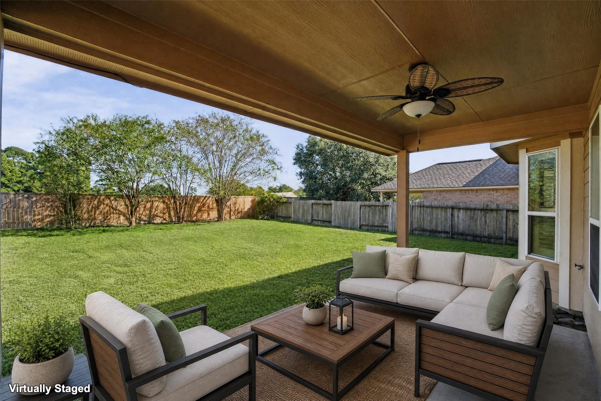 Virtually staged outdoor living space.