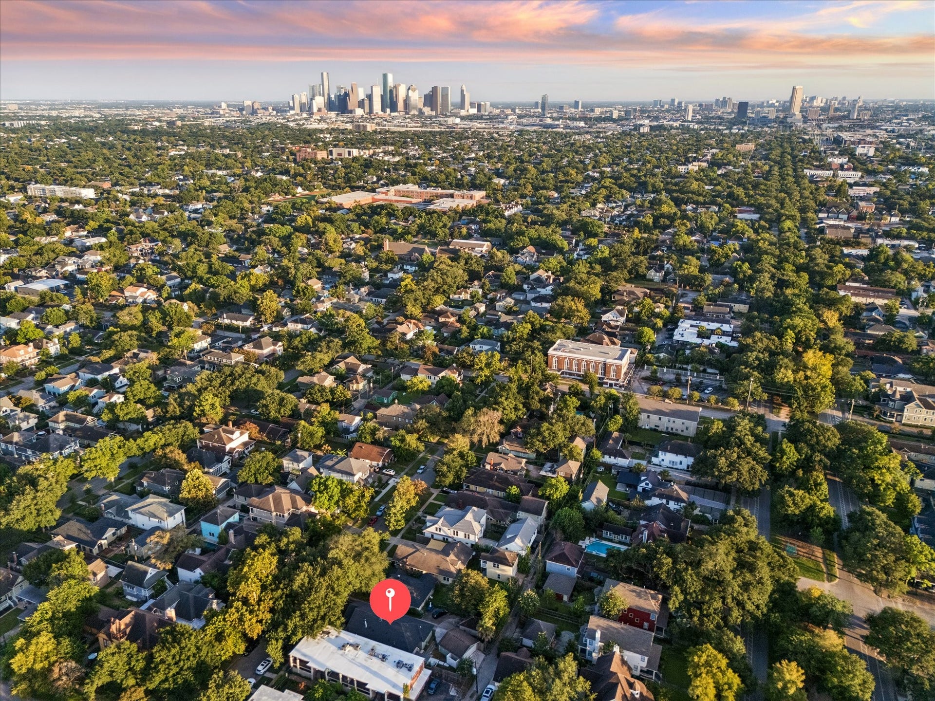 1635 Harvard Street, Houston, TX 77008 Aerial view from the home towards downtown - nestled in the Heights, but not too far from the action!