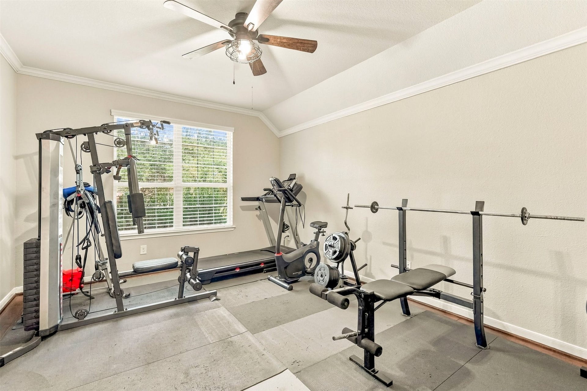 4557 Argonne Woods Drive, Porter, TX 77365 Spacious home gym with abundant natural light, featuring a variety of exercise equipment including a treadmill, weight bench, and multi-station machine.