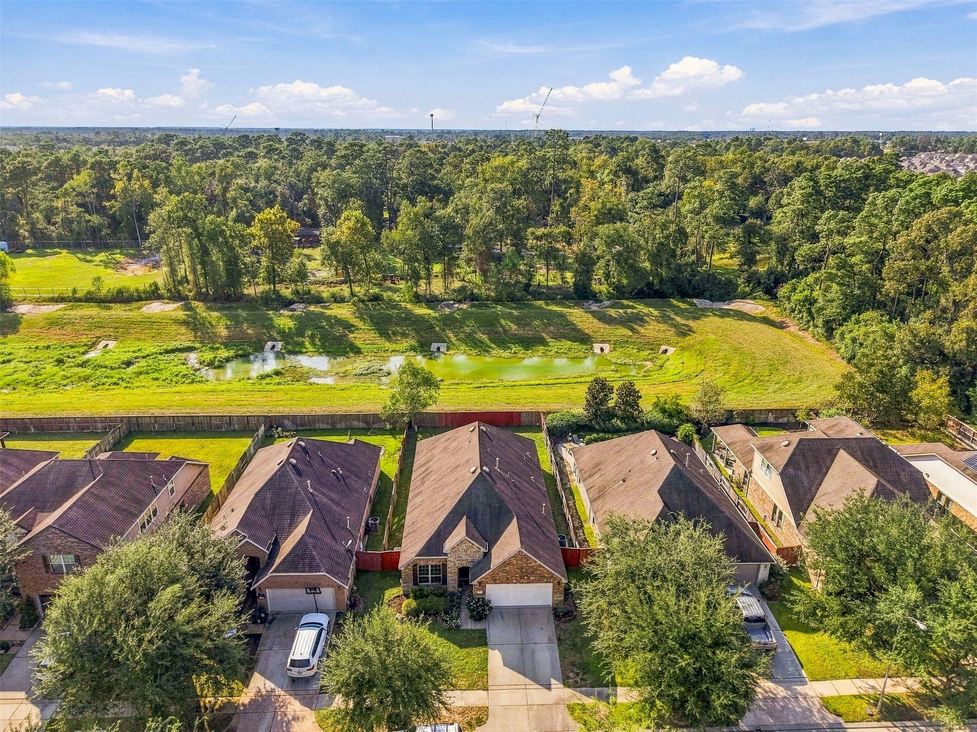 4557 Argonne Woods Drive, Porter, TX 77365 Charming home nestled in a serene neighborhood with a lush green backdrop and a tranquil pond, offering privacy and picturesque views.