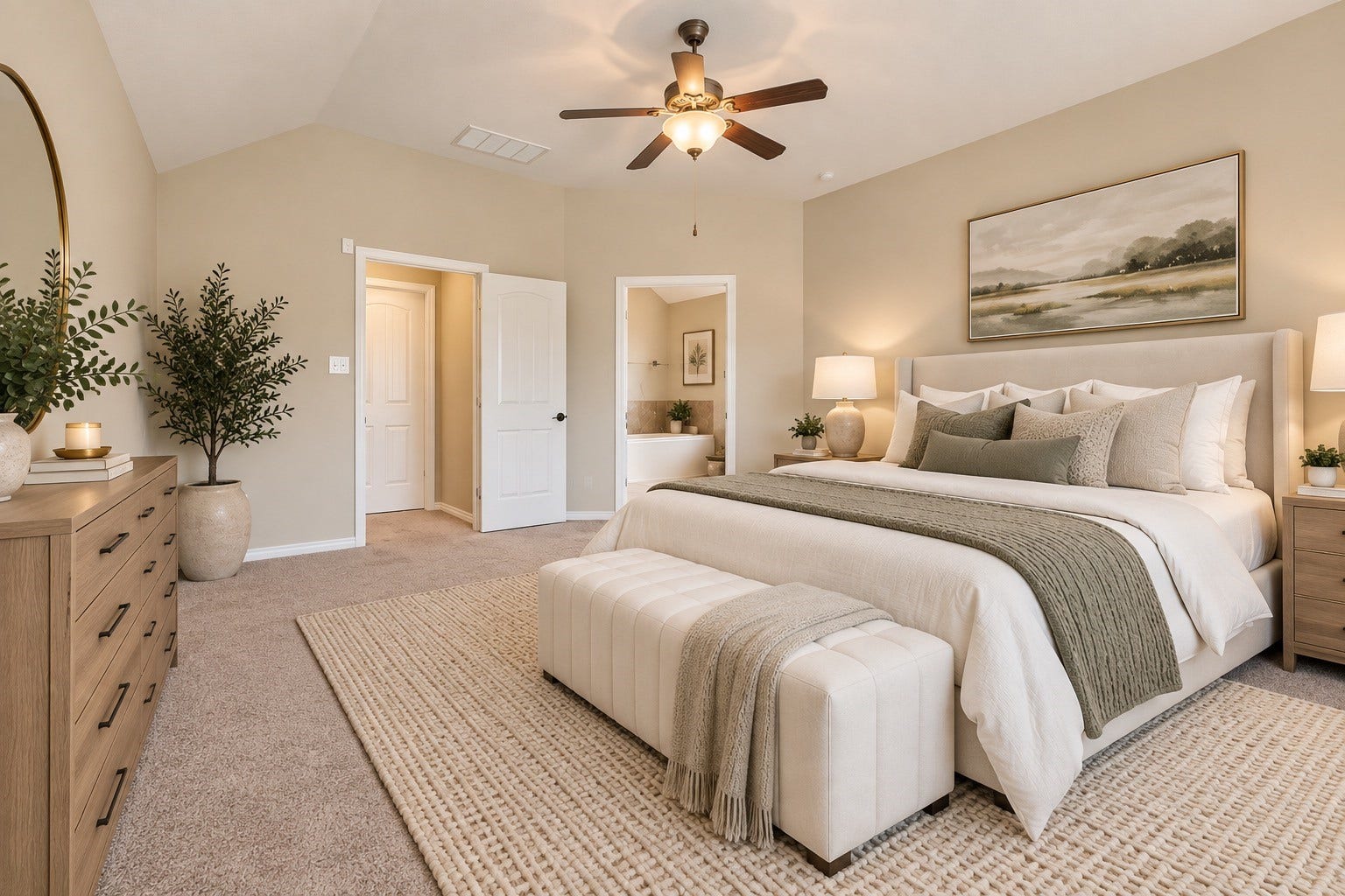 8746 Sunny Gallop Drive, Tomball, TX 77375 The master suite is separate from the secondary bedrooms to allow maximum privacy. It's large enough to hold a king sized bed, 2 nightstands, dresser with mirror and a chest of drawers. VIRTUALLY STAGED