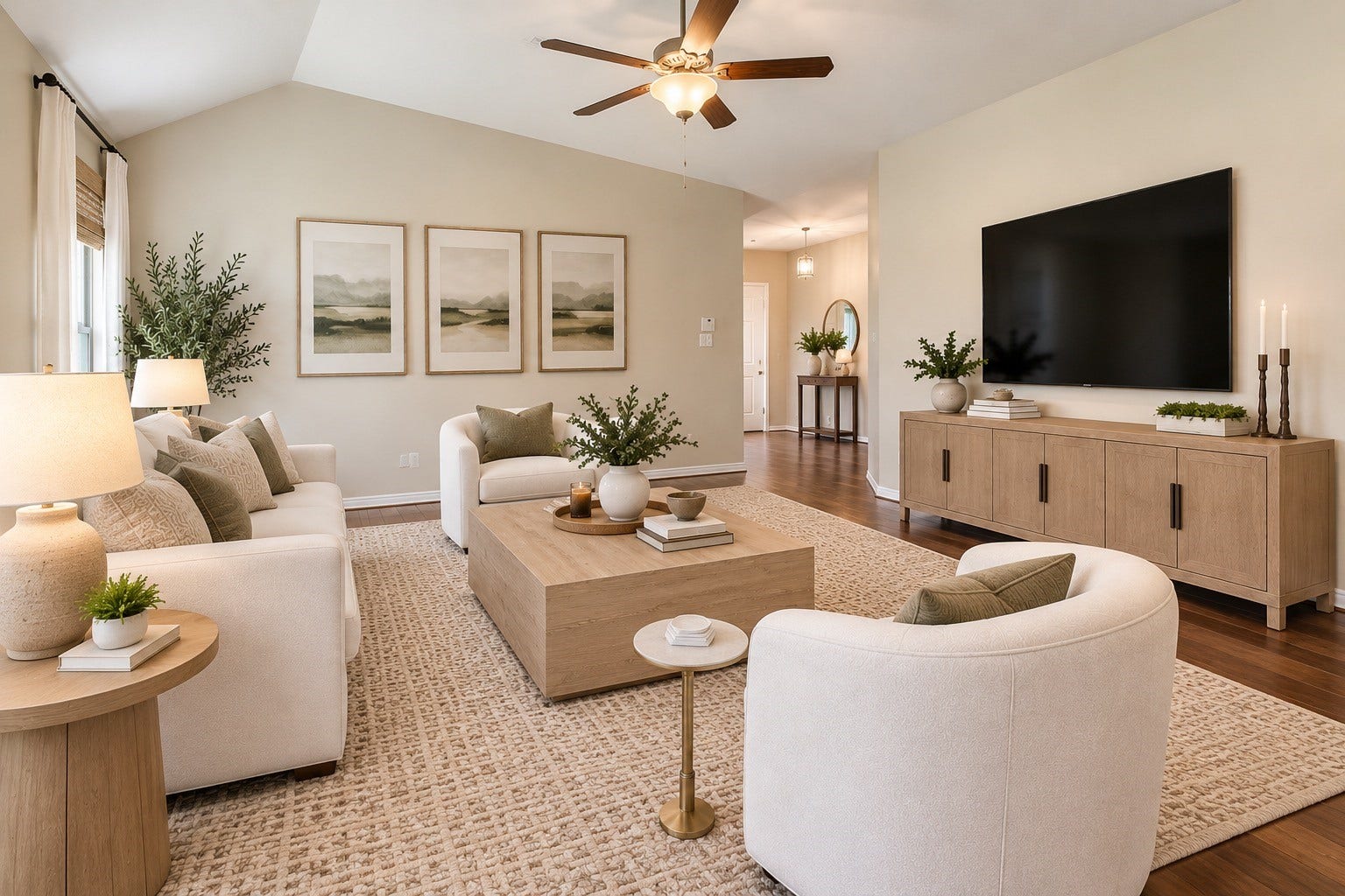 8746 Sunny Gallop Drive, Tomball, TX 77375 Alternate view of the family room standing from the kitchen area. The front door and two secondary bedrooms with bathroom are at the front of the house.VIRTUALLY STAGED