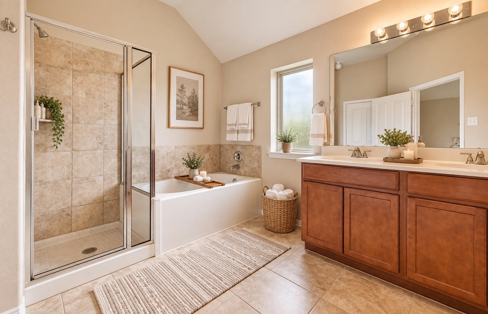 8746 Sunny Gallop Drive, Tomball, TX 77375 En Suite master bathroom is spacious with shower, soaking tub, and double sink/vanity area. Attached is a very large walk in closet. VIRTUALLY STAGED
