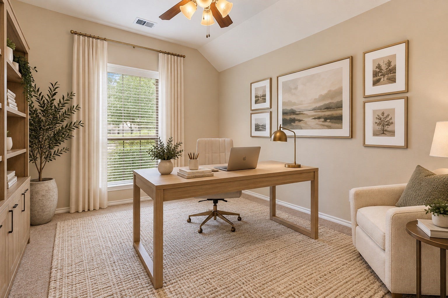 8746 Sunny Gallop Drive, Tomball, TX 77375 Bedroom number 2 with plush carpeting, vaulted ceiling and fan. VIRTUALLY STAGED