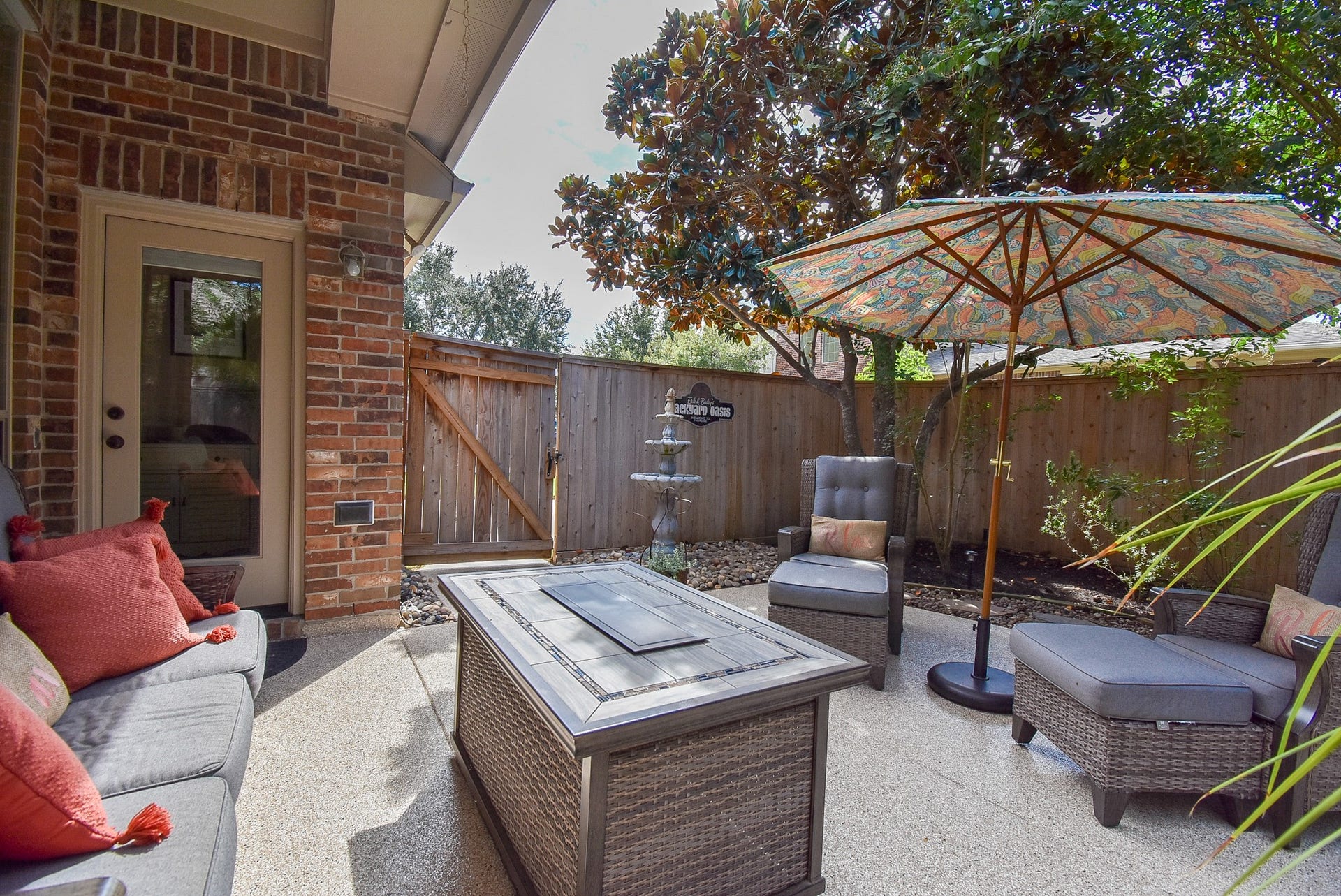 Corner view of the private covered patio.