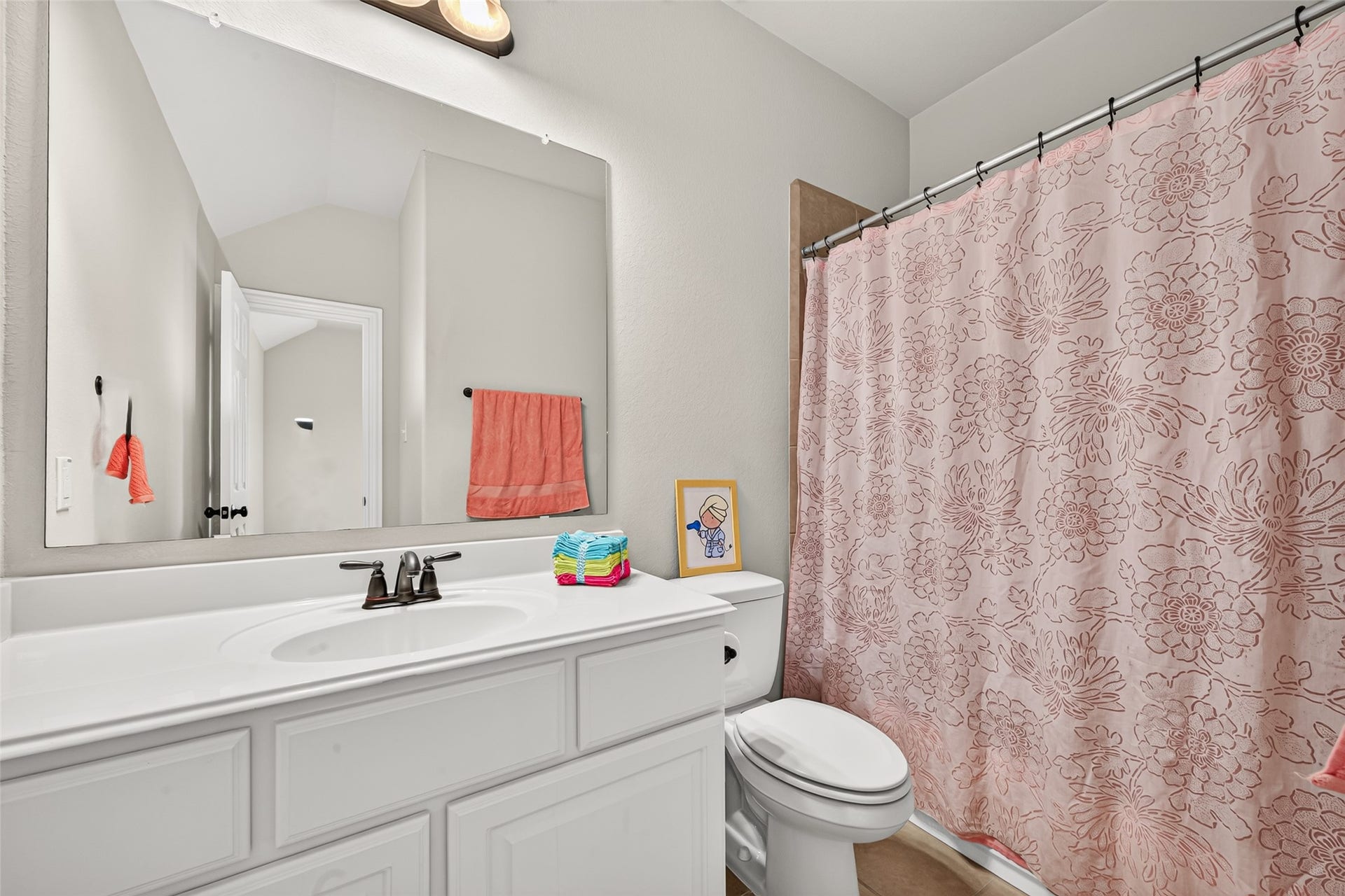Bathroom vanity and shower curtain