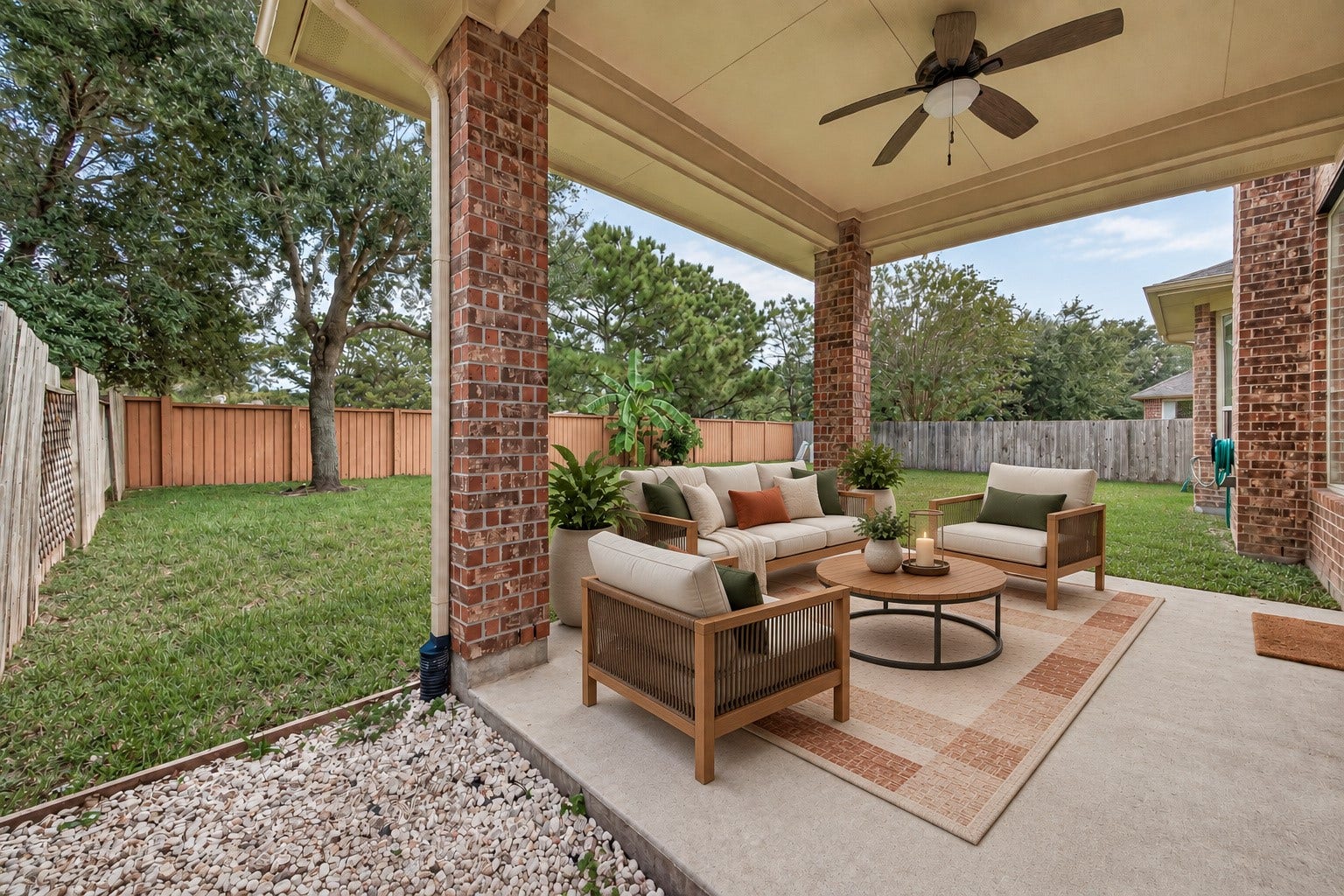 Covered patio for relaxed evenings outdoors (Virtually staged)