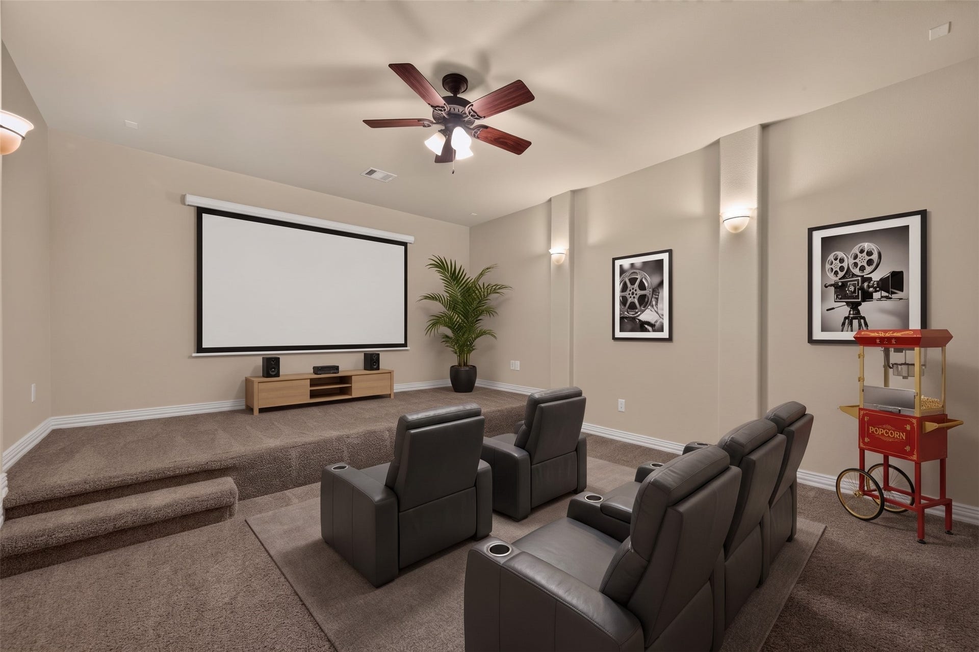 Media room with raised platform, movie nights at home (Virtually staged)