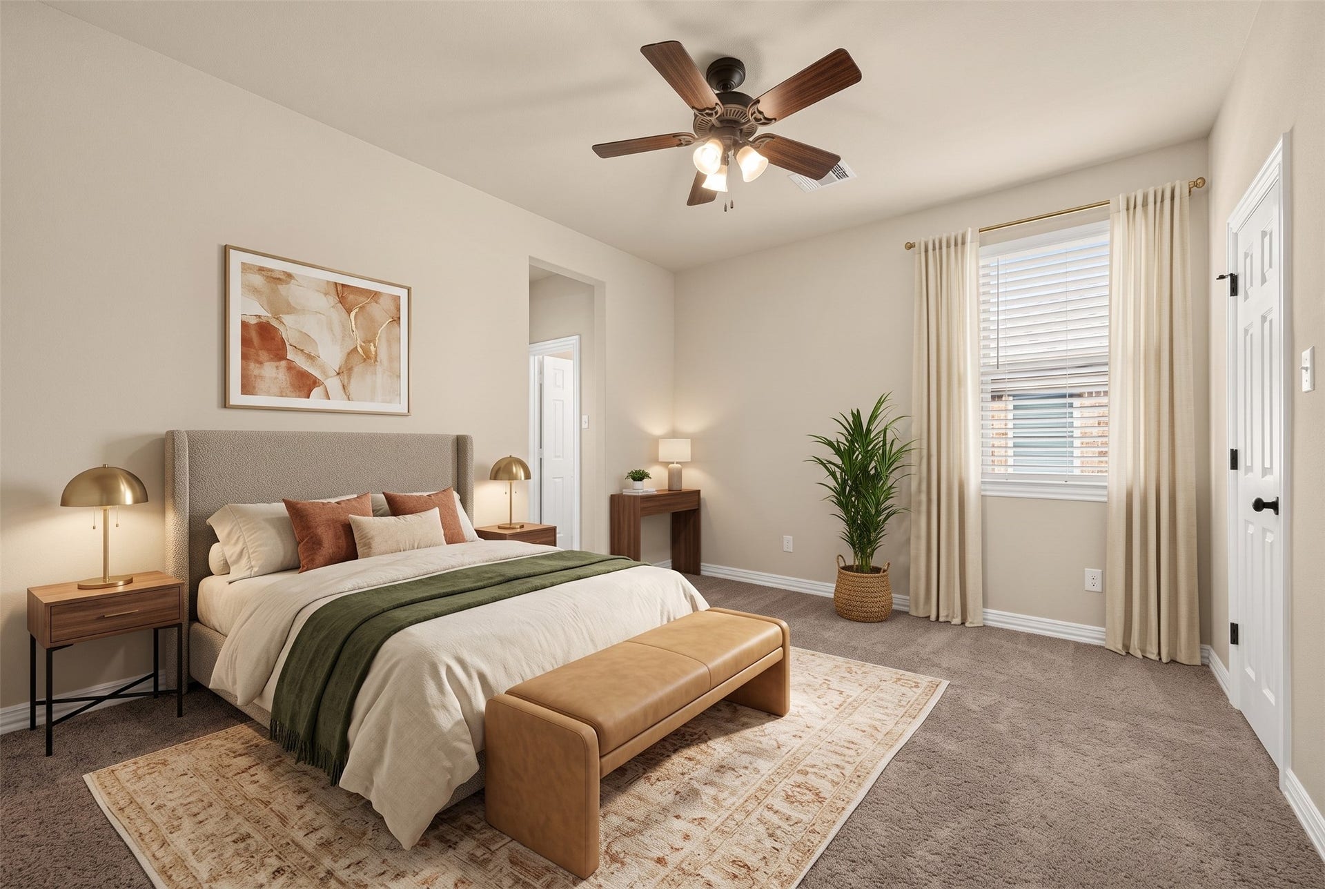 Secondary bedroom with window and hallway (Virtually staged)