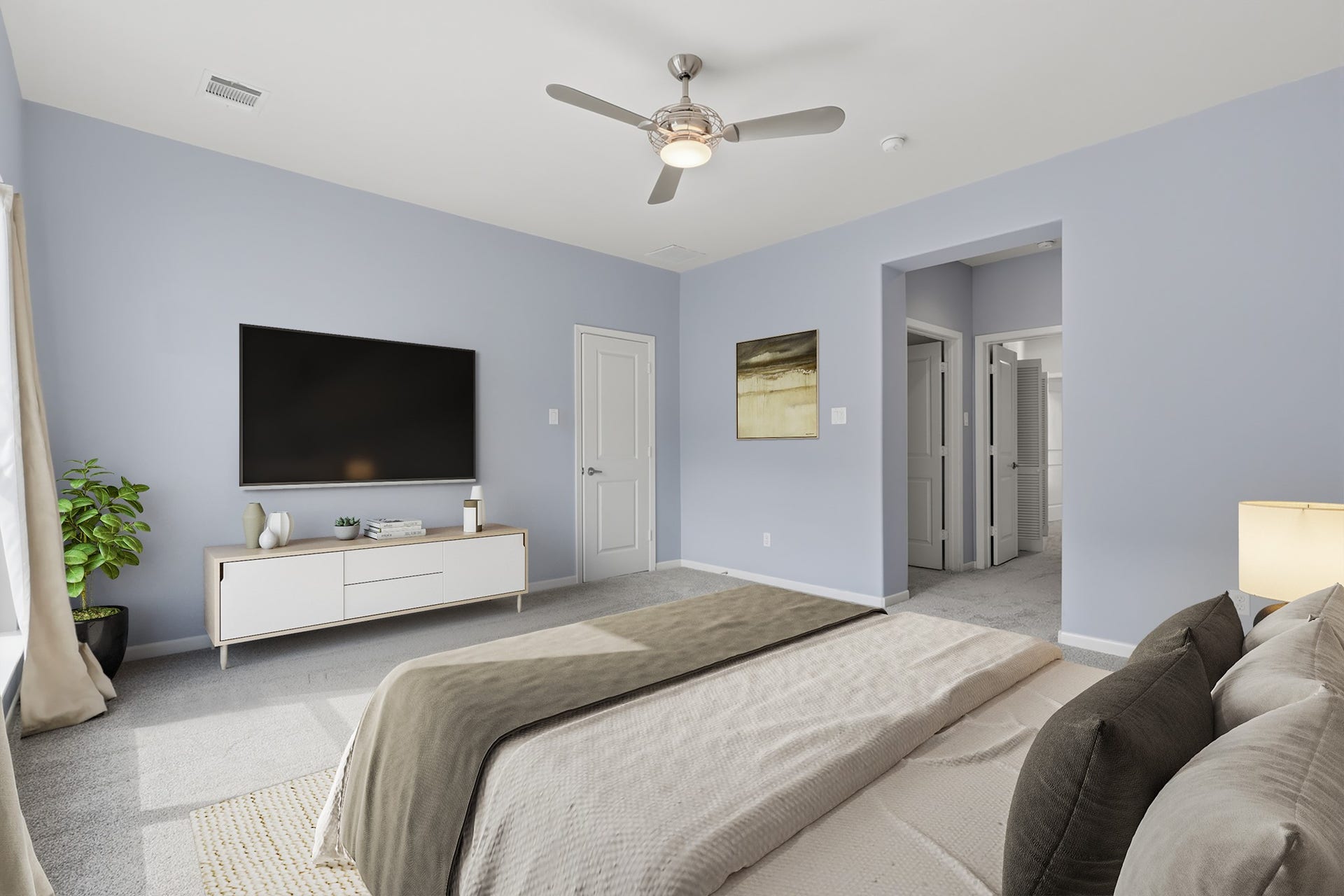 Virtually staged primary bedroom offering a second perspective of the spacious suite and its versatile layout.