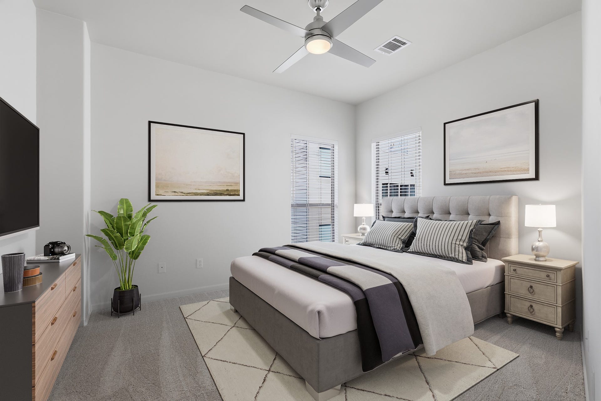 Virtually staged third bedroom illustrating its potential as a comfortable guest room or home office.