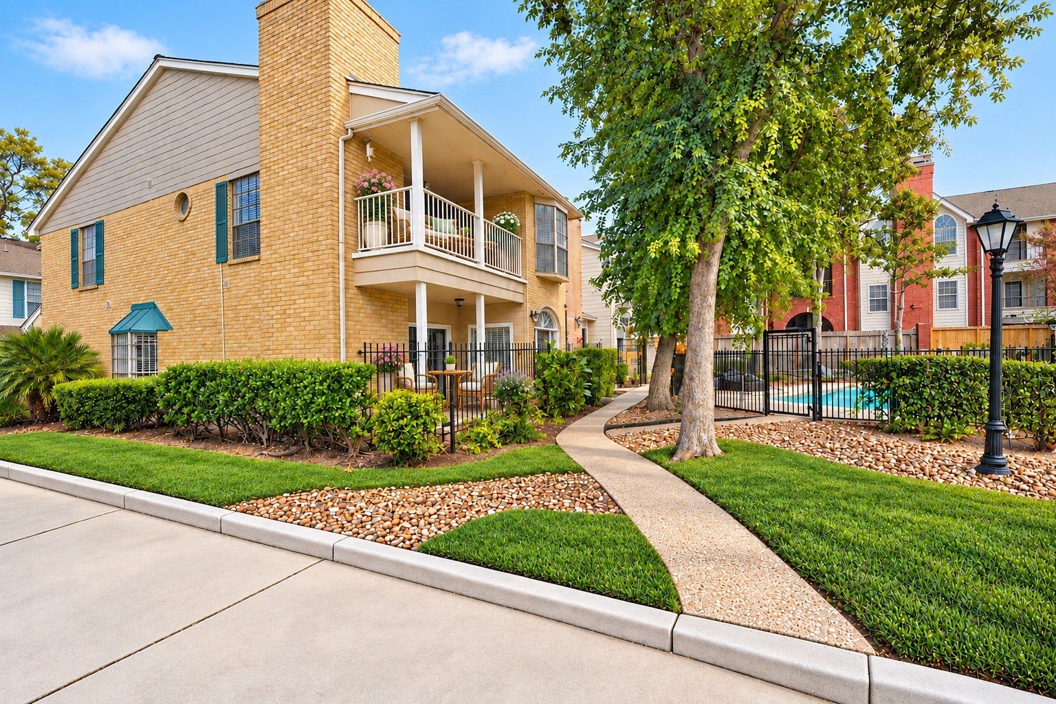 2220 Bering Drive, #12, Houston, TX 77057 Charming brick townhome with a private fenced patio and covered upstairs balcony, surrounded by mature trees and lush landscaping beside the community pool. Patio and balcony virtually staged.