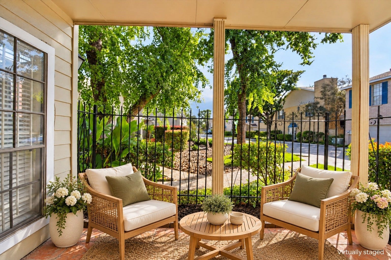 2220 Bering Drive, #12, Houston, TX 77057 Private covered patio with terracotta tile flooring and decorative iron fencing, surrounded by mature trees and greenerya welcoming spot for morning coffee or evening relaxation.