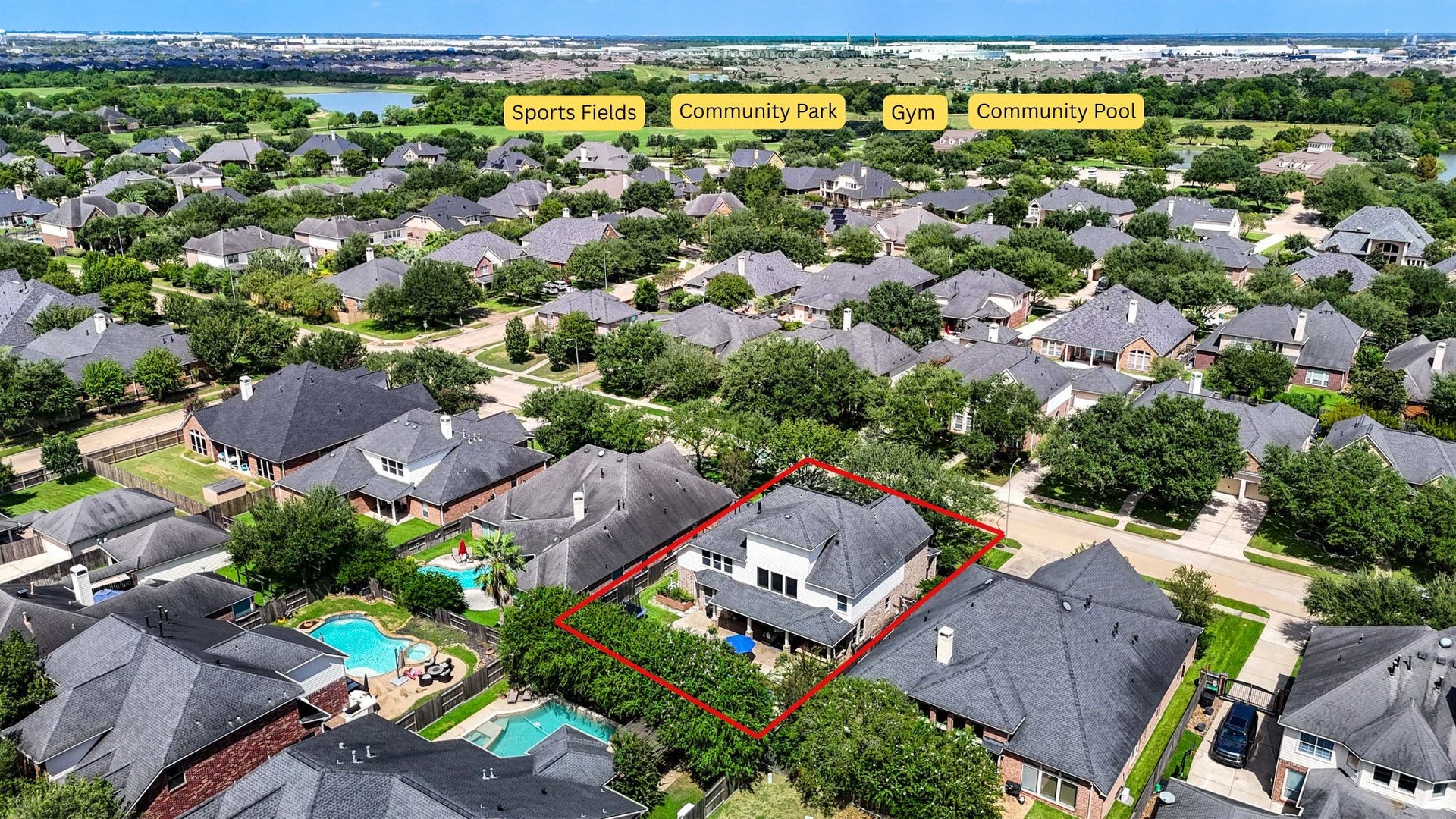 28019 Longspur Drive, Katy, TX 77494 Another shot of home that shows the short distance to the community sports fields, park, gym and pool.