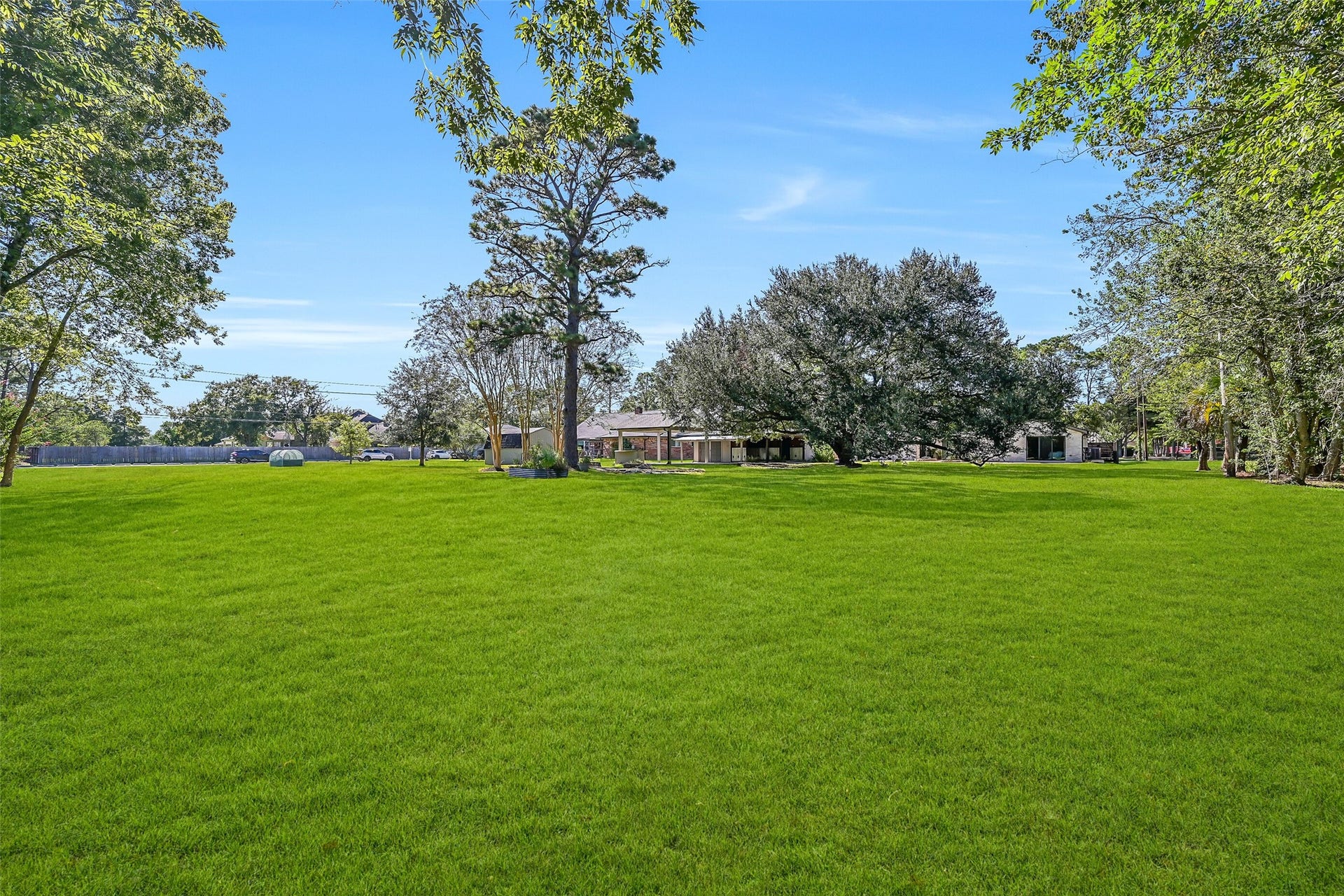 921 Falling Leaf Drive, Friendswood, TX 77546 This view really captures the scale of the nearly .82-acre homesite! An enormous open lawn, mature shade trees, towering pine and magnificent century oak create a park-like setting with exceptional spaceall in a prime Friendswood location near FHS.