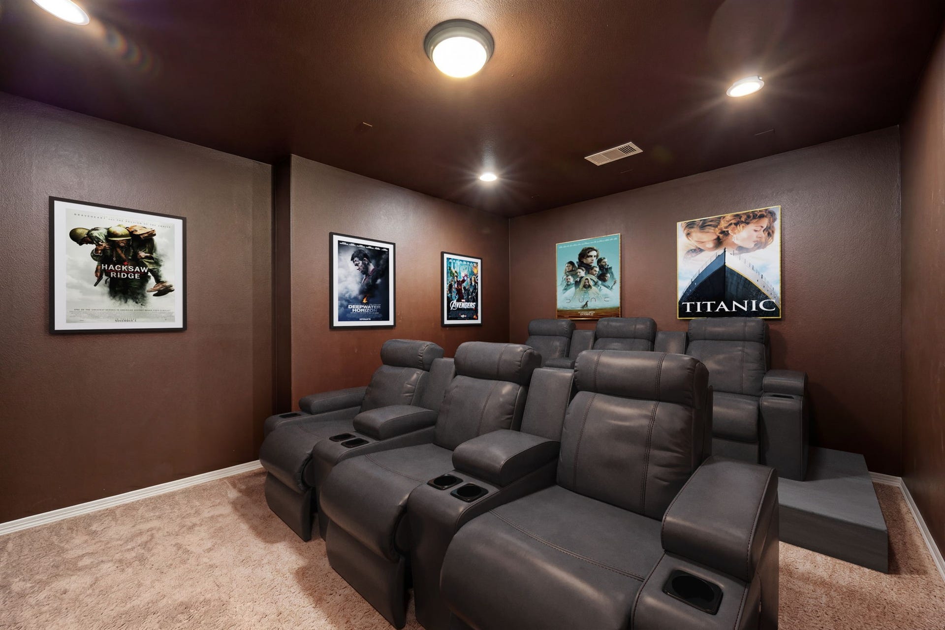 5102 Hawthorne Bend Drive, Katy, TX 77494 Lights, camera, action! Your very own private theatre at home! This dedicated media room features tiered stadium seating, plush carpet, recessed lighting, and dramatic dark walls, the ultimate movie night experience without ever leaving the house! *Virtually Staged