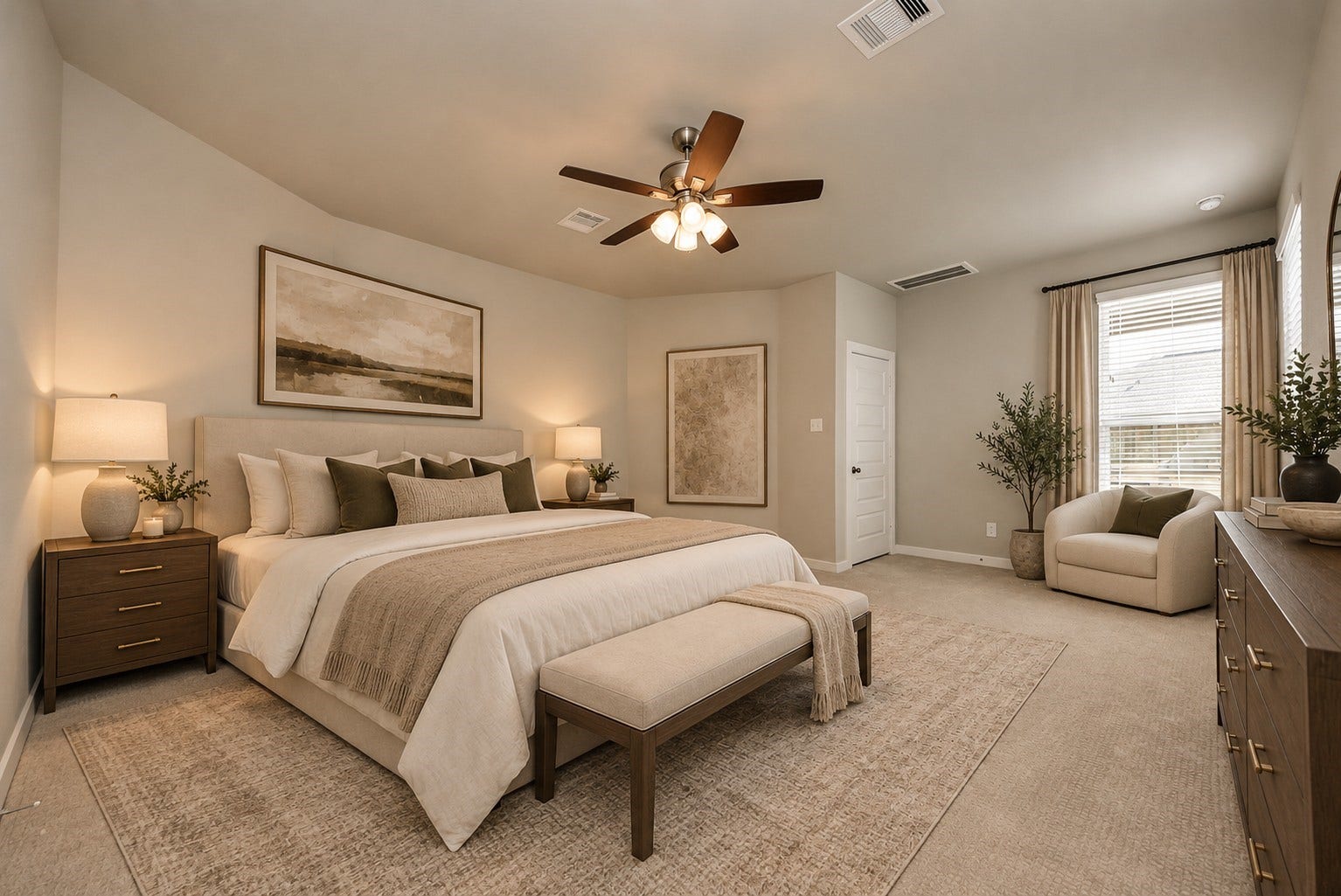 Spacious and serene bedroom with neutral tones, featuring elegant decor, ample natural light, and a cozy seating area by the window. *This is virtually staged to illustrate potential layout.