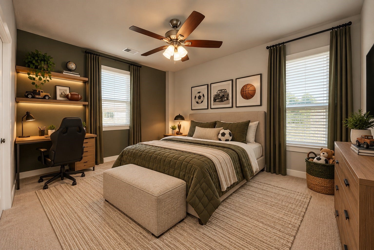 Charming bedroom with a cozy atmosphere features a stylish bed adorned with sports-themed decor, a functional study nook with built-in shelves, and abundant natural light from two large windows.  *This is virtually staged to illustrate potential layout.