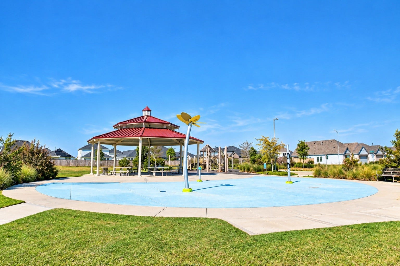 419 Pirate Falls Lane, Crosby, TX 77532 Community park offering a spacious gazebo and a fun splash pad, perfect for family gatherings and outdoor enjoyment.
