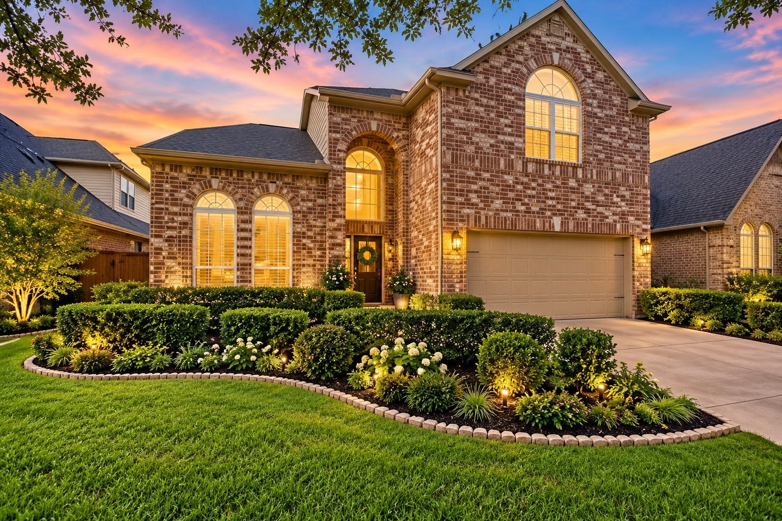 17634 Yorkhill Court, Richmond, TX 77407 Front of house - Virtually Staged with sunset and lights