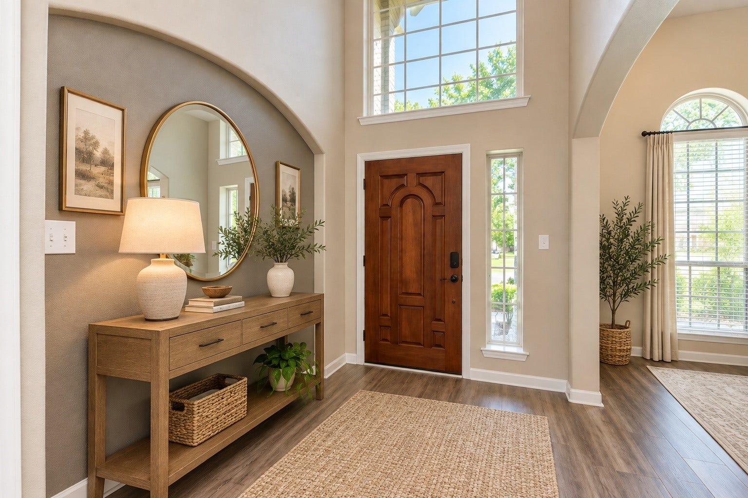 17634 Yorkhill Court, Richmond, TX 77407 Front entry is very welcoming with beautiful ornamental solid wood door, high ceilings, wood look tile flooring, archways and custom paint. * Virtually Staged