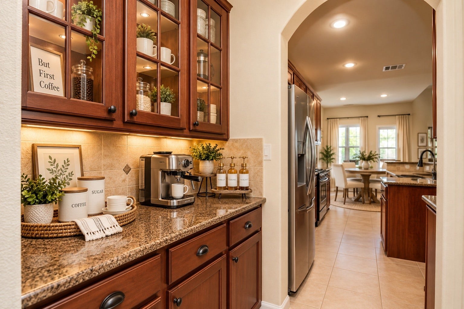 17634 Yorkhill Court, Richmond, TX 77407 This Butler's Pantry leading from the Dining Room to the Kitchen makes the perfect Coffee Bar! *Virtually Staged