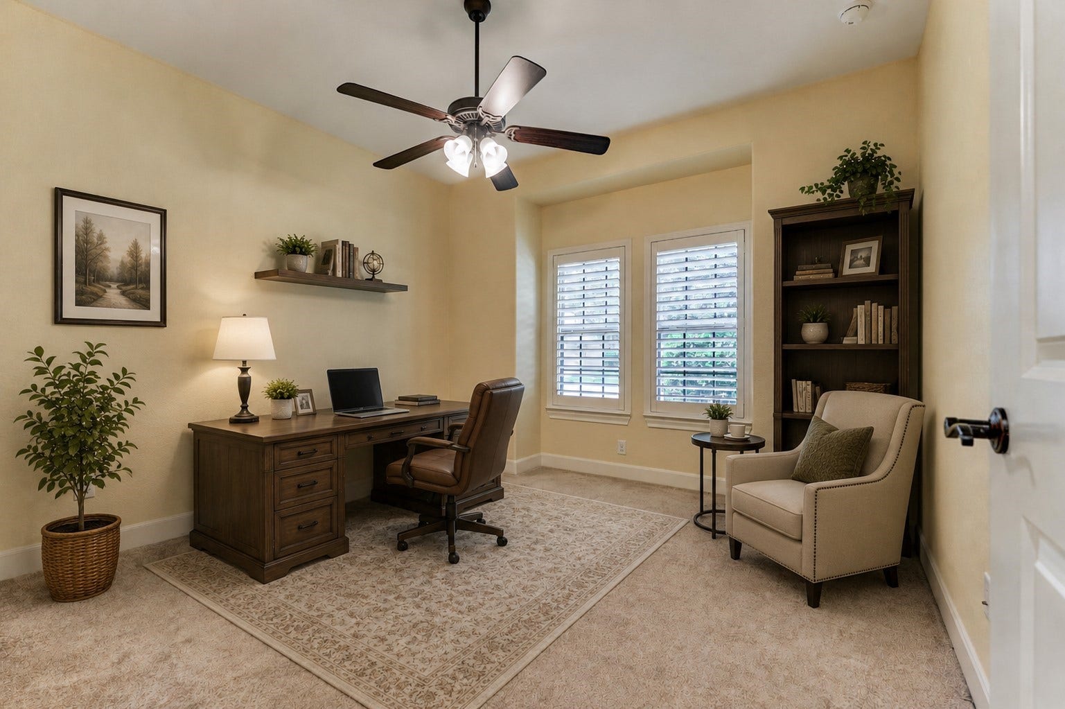 11 S Sandbells Park Lane, Montgomery, TX 77316 *This photo is virtually staged* Secondary bedroom #1 is spacious and features plush carpeting, ceiling fan and closet. Could be an optional home office!