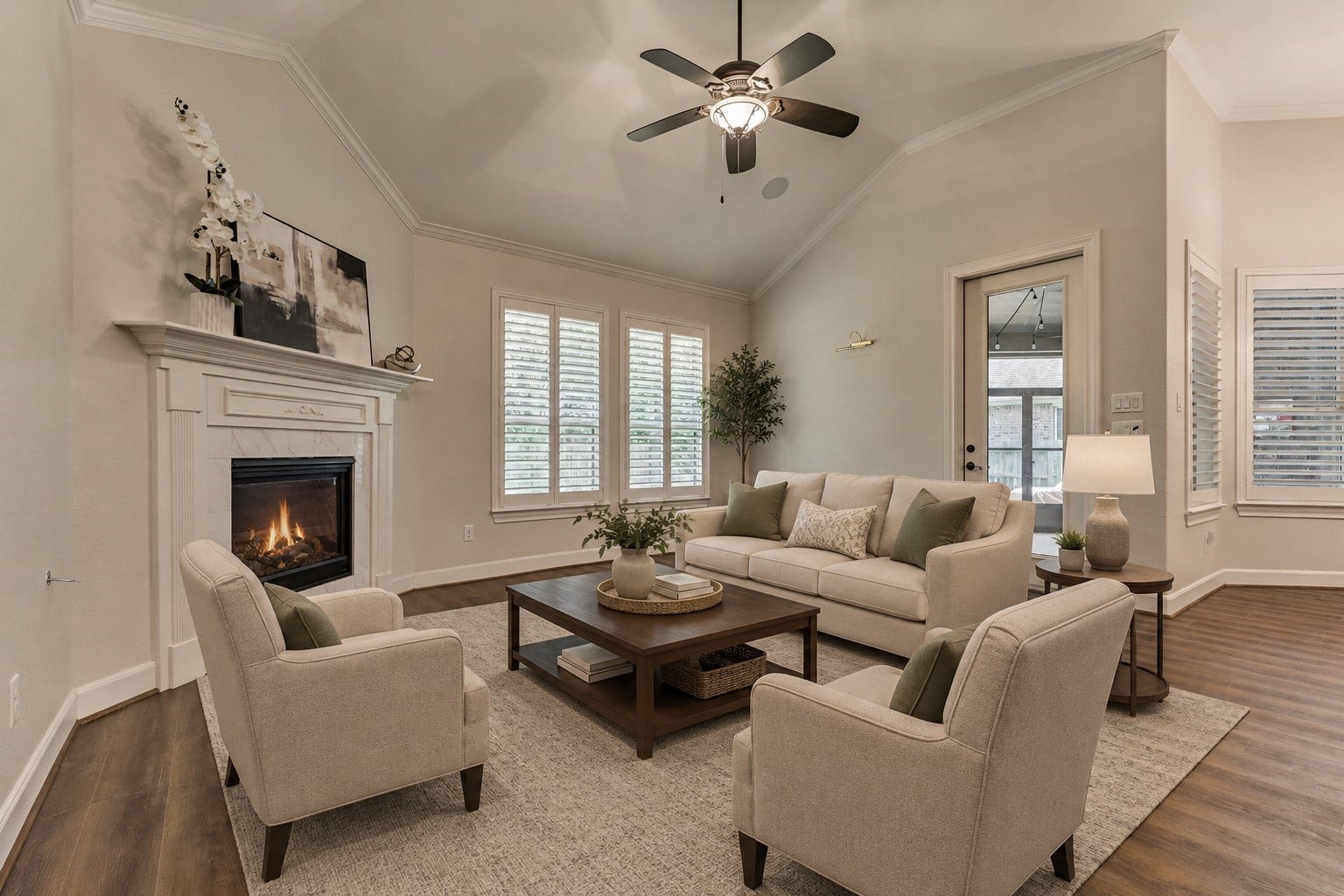 11 S Sandbells Park Lane, Montgomery, TX 77316 *This photo has been virtually staged* The den is an inviting room to gather with family. Note: the plantation shutters and 5-speaker surround system.