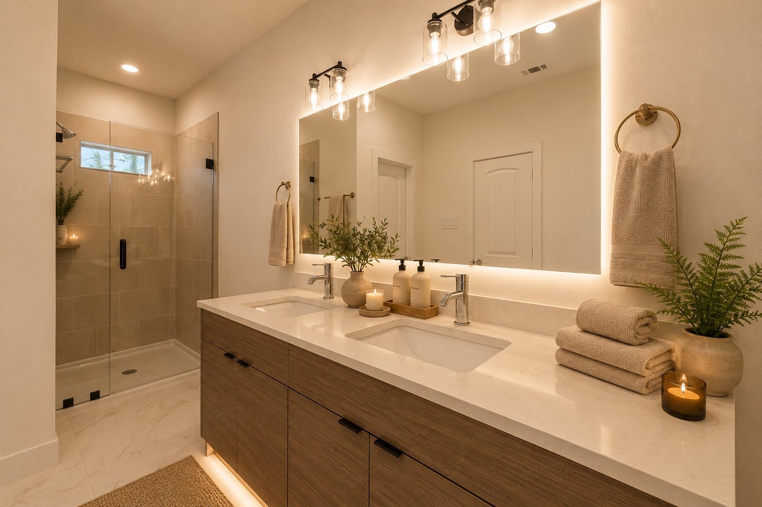 Frameless glass shower with contemporary tile surround and clean, modern detailing.