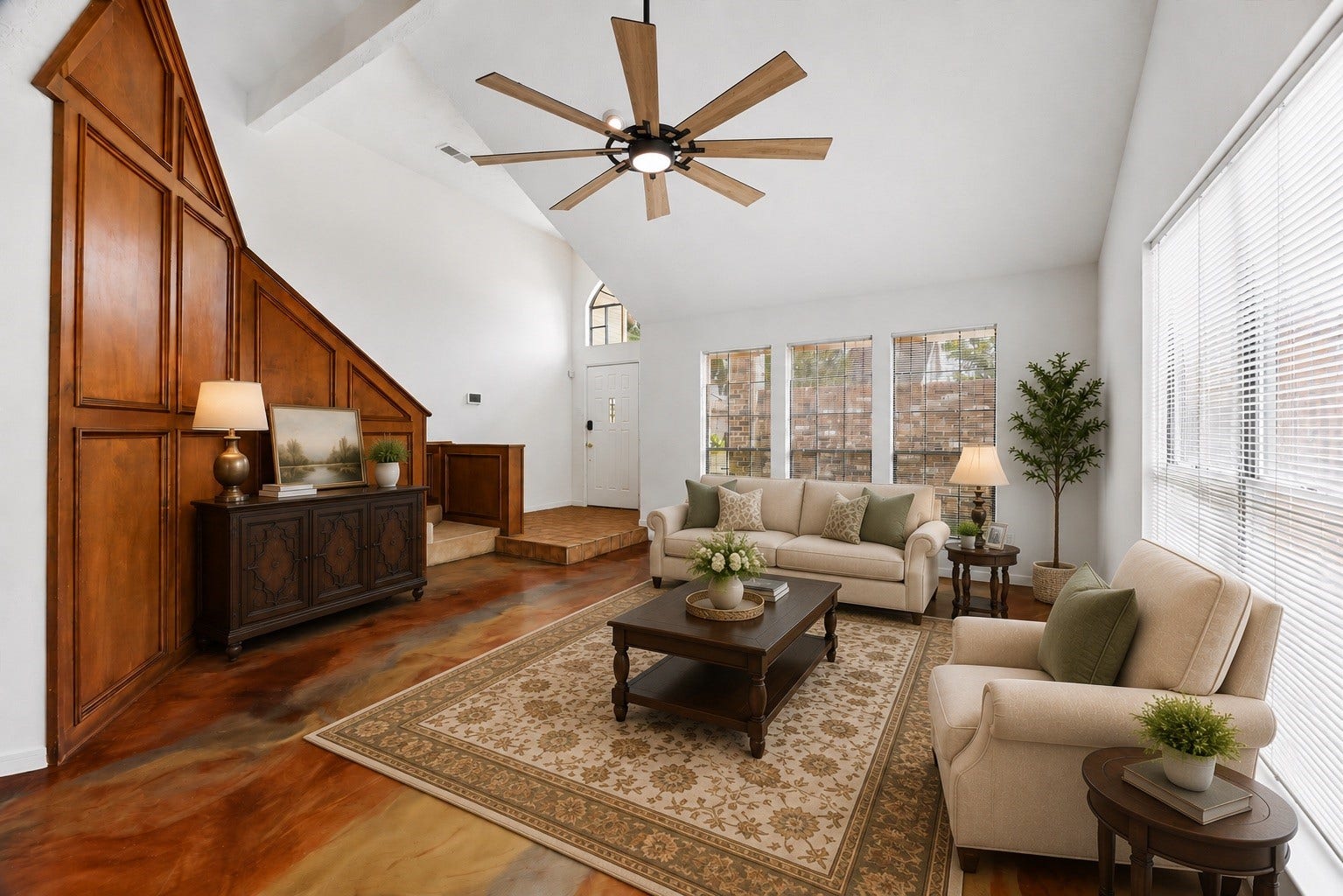 3806 Crystal Falls Drive, Missouri City, TX 77459 Virtually Staged - Vaulted ceilings, abundant natural light, and custom epoxy flooring create a striking living space.