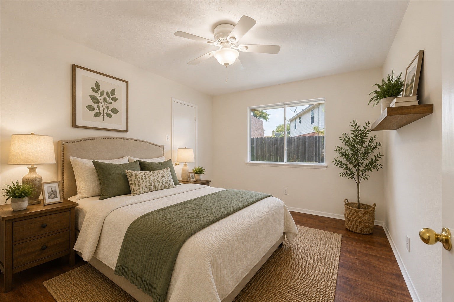 3806 Crystal Falls Drive, Missouri City, TX 77459 Virtually Staged - Comfortable secondary bedroom featuring warm wood flooring, a ceiling fan, and a large window overlooking the exterior.