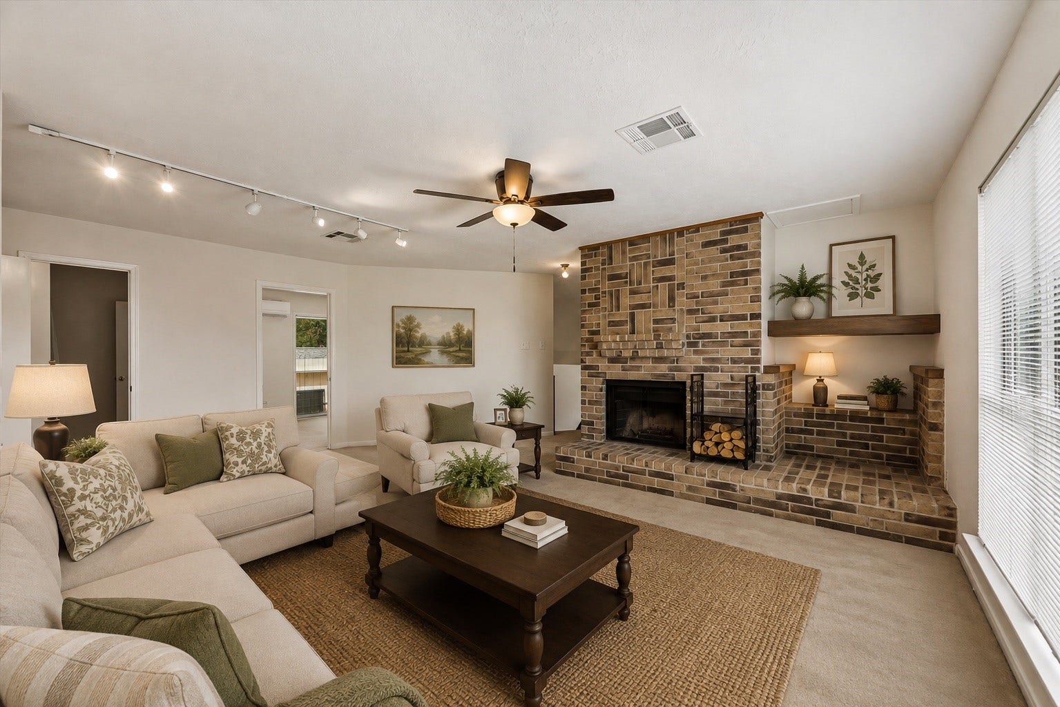 3806 Crystal Falls Drive, Missouri City, TX 77459 Virtually Staged - Expansive upstairs living area with a brick fireplace, abundant natural light, and plenty of space for relaxing, entertaining, or creating a game room.