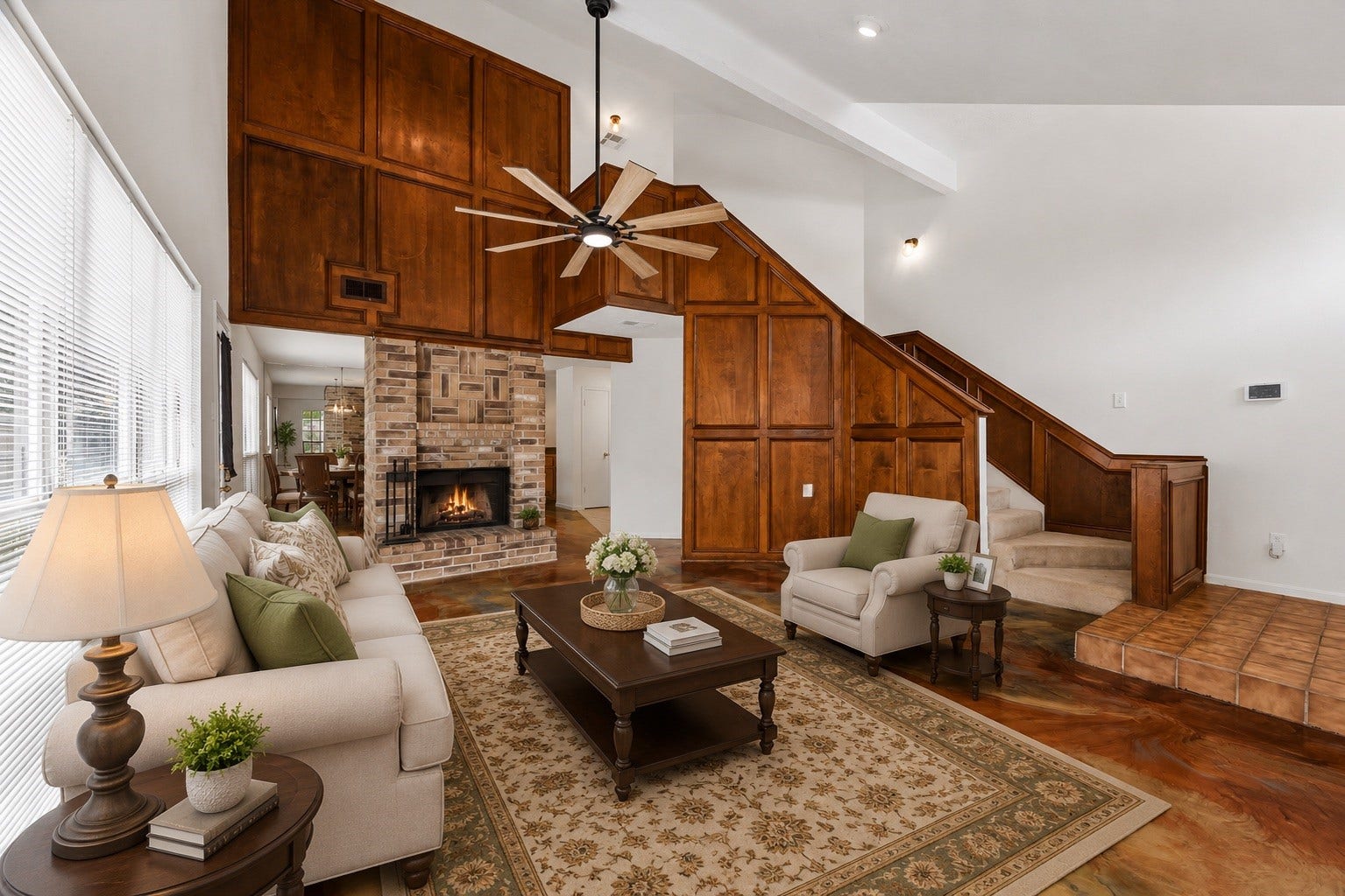 3806 Crystal Falls Drive, Missouri City, TX 77459 Virtually Staged - Rich woodwork and a brick fireplace add warmth and character to the soaring living space.