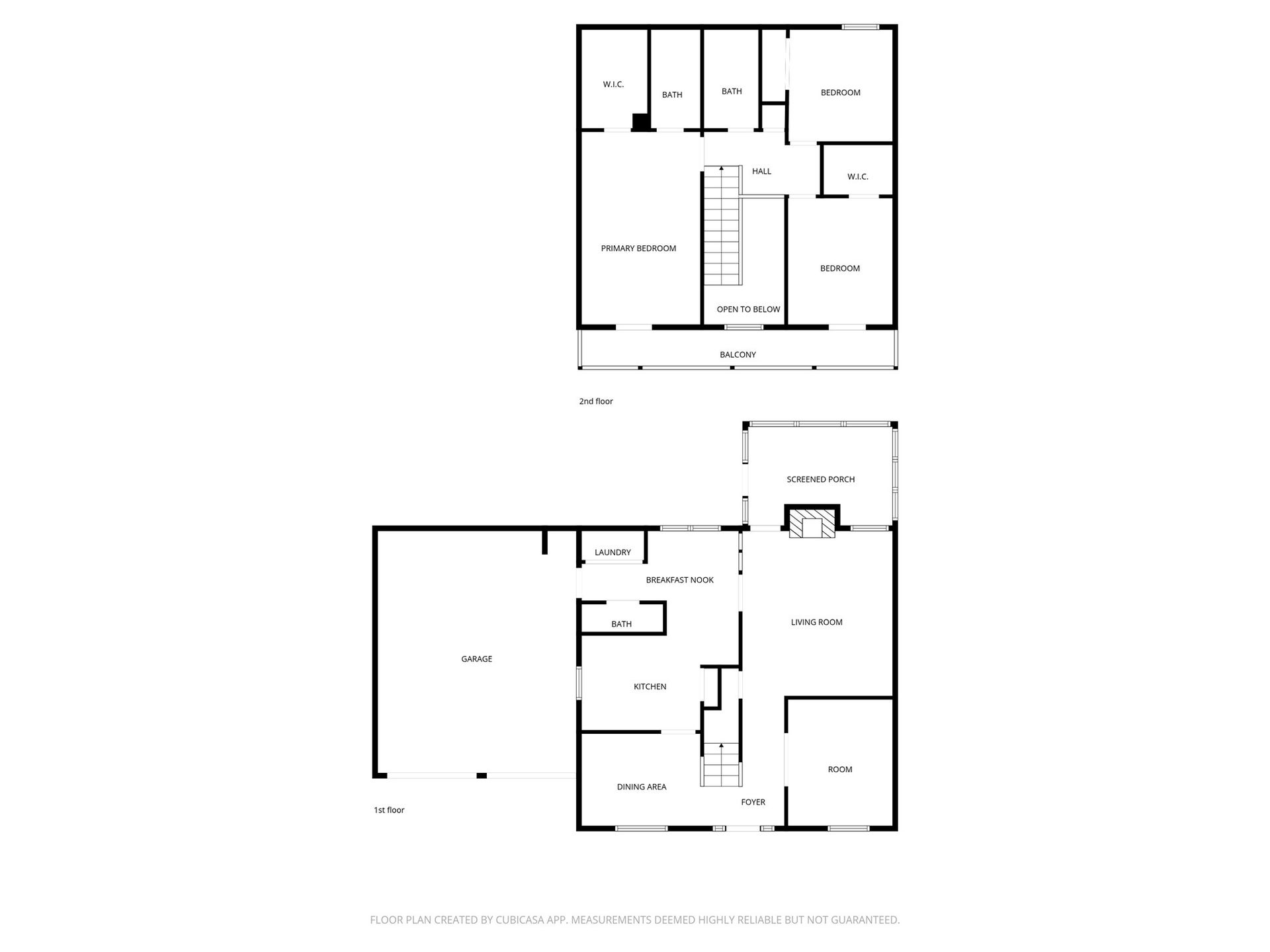 10 E Broken Oak Court, Spring, TX 77381 This floor plan features a two-story home with a spacious living area. The first floor includes a garage, kitchen with breakfast nook, dining area, living room, a room, bathroom, and screened porch. Upstairs, there are three bedrooms, two bathrooms, a walk-in closet, and a balcony. The primary bedroom has an en-suite bath and walk-in closet.