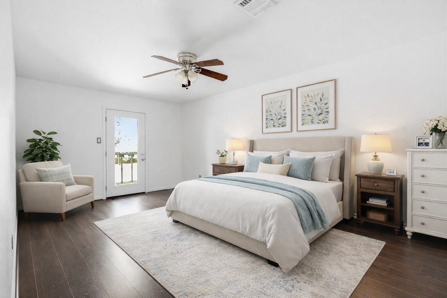 10 E Broken Oak Court, Spring, TX 77381 Virtually Staged. Primary bedroom with balcony access and upgraded energy efficient glass door.
