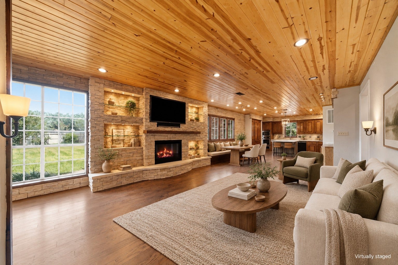 Virtually staged to show the living, dining and kitchen.