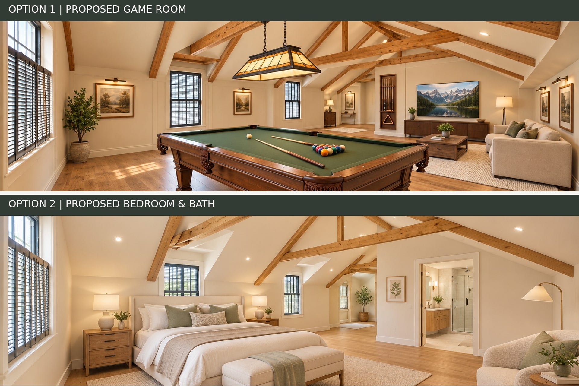 Virtually staged examples of the unfinished space. One showcasing a gameroom and the other a bedroom with en-suite bath.