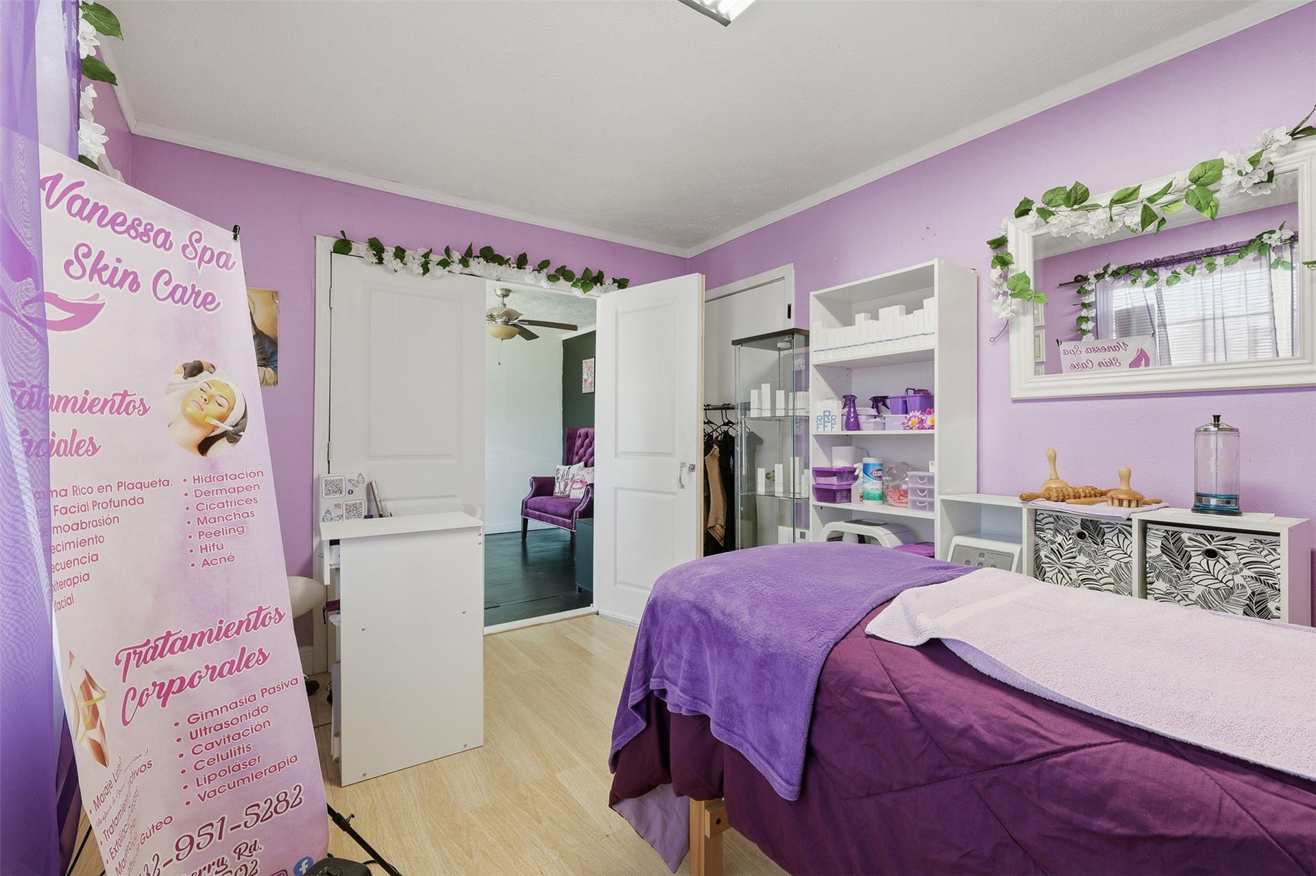 2205 Strawberry Road, Pasadena, TX 77502 Private flex room currently utilized as a lash and beauty service space, ideal for salon suites, office use, or treatment room setup.