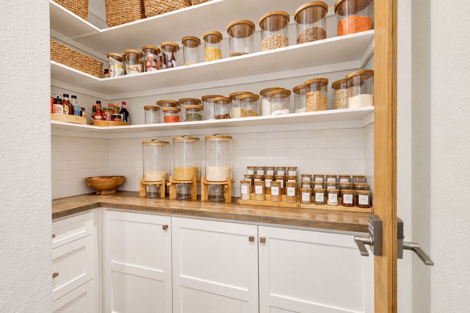 2803 Enriched Enclave Court, Richmond, TX 77406 Beautifully designed walk-in pantry featuring abundant custom shelving and cabinetry, generous countertop workspace, and a stylish tile backsplashexceptional storage with a polished, organized feel.
