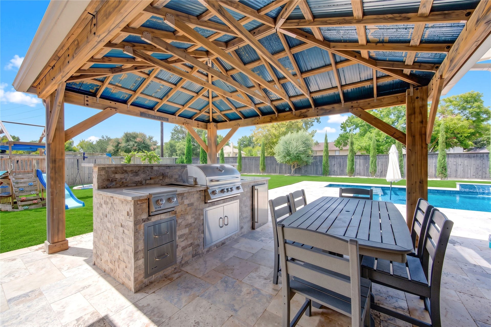 2803 Enriched Enclave Court, Richmond, TX 77406 Covered outdoor kitchen and dining area overlooking the poolperfect for entertaining family and friends.