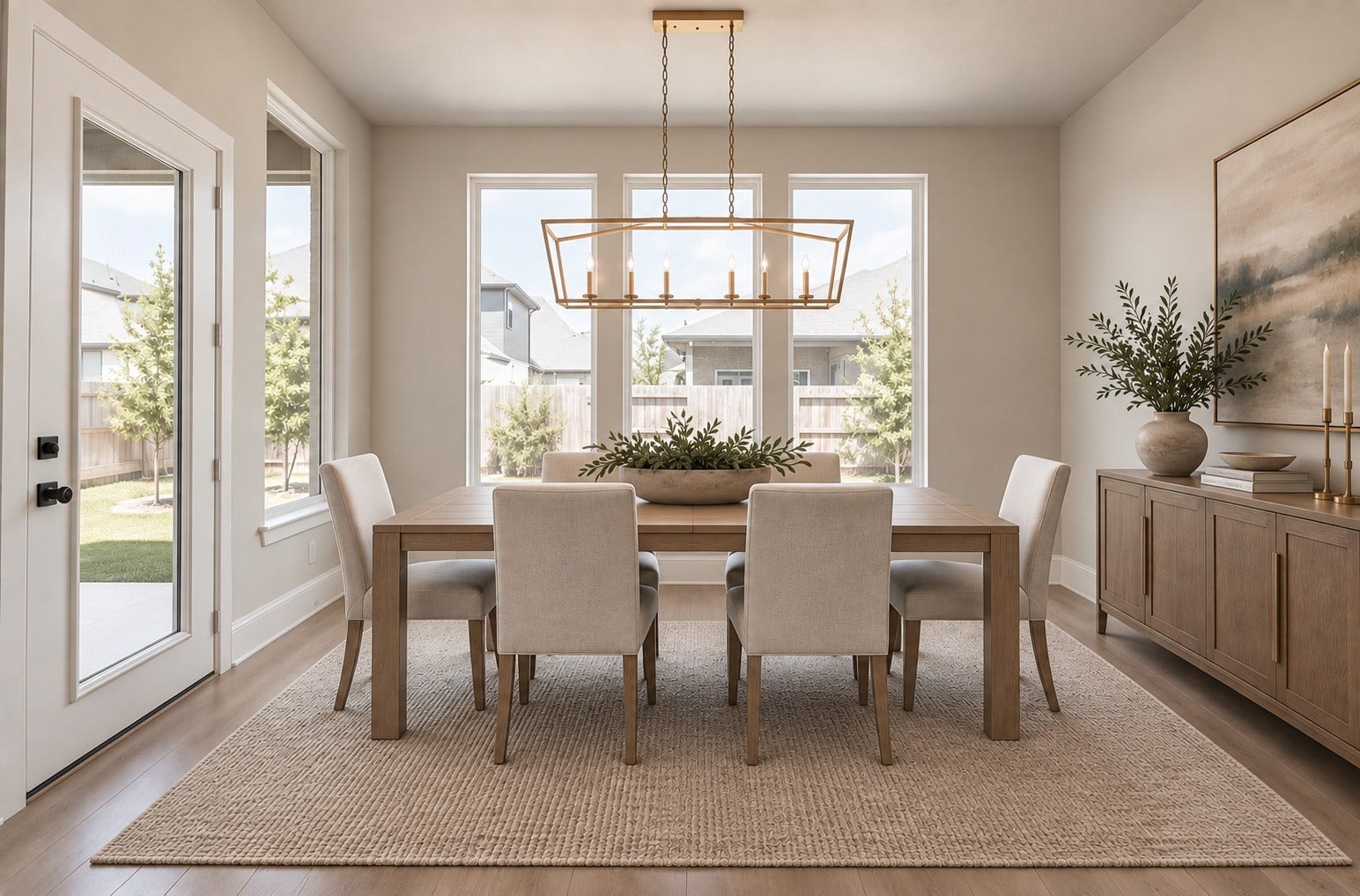 This dining room features large windows that provide ample natural light, a modern chandelier, and sleek flooring. French door open to a backyard, enhancing the space's airy, open feel. Virtually staged photo.