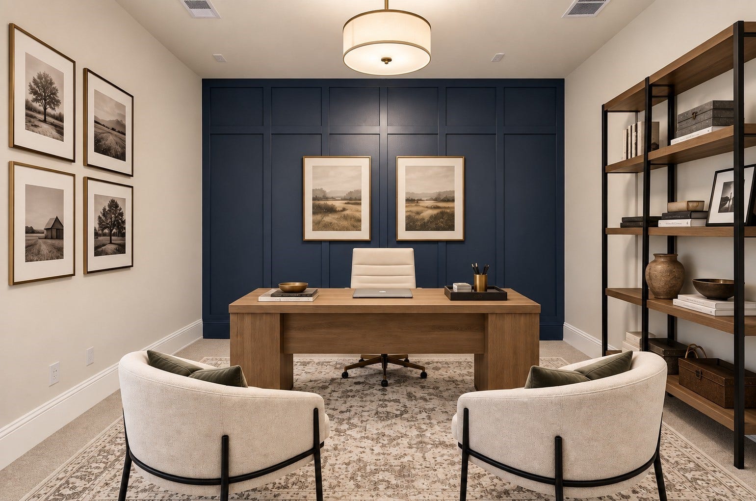 Media room could also be utilized as an office. Virtually staged phot.