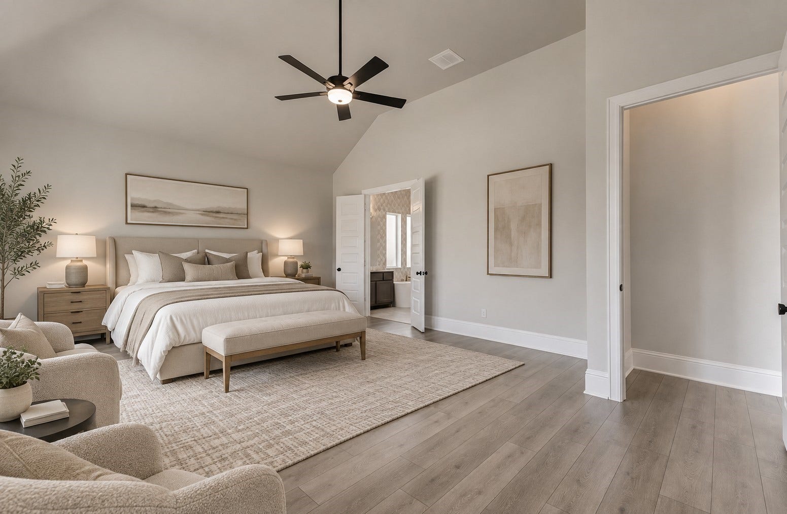 Large and bright primary bedroom. Virtually staged photo.