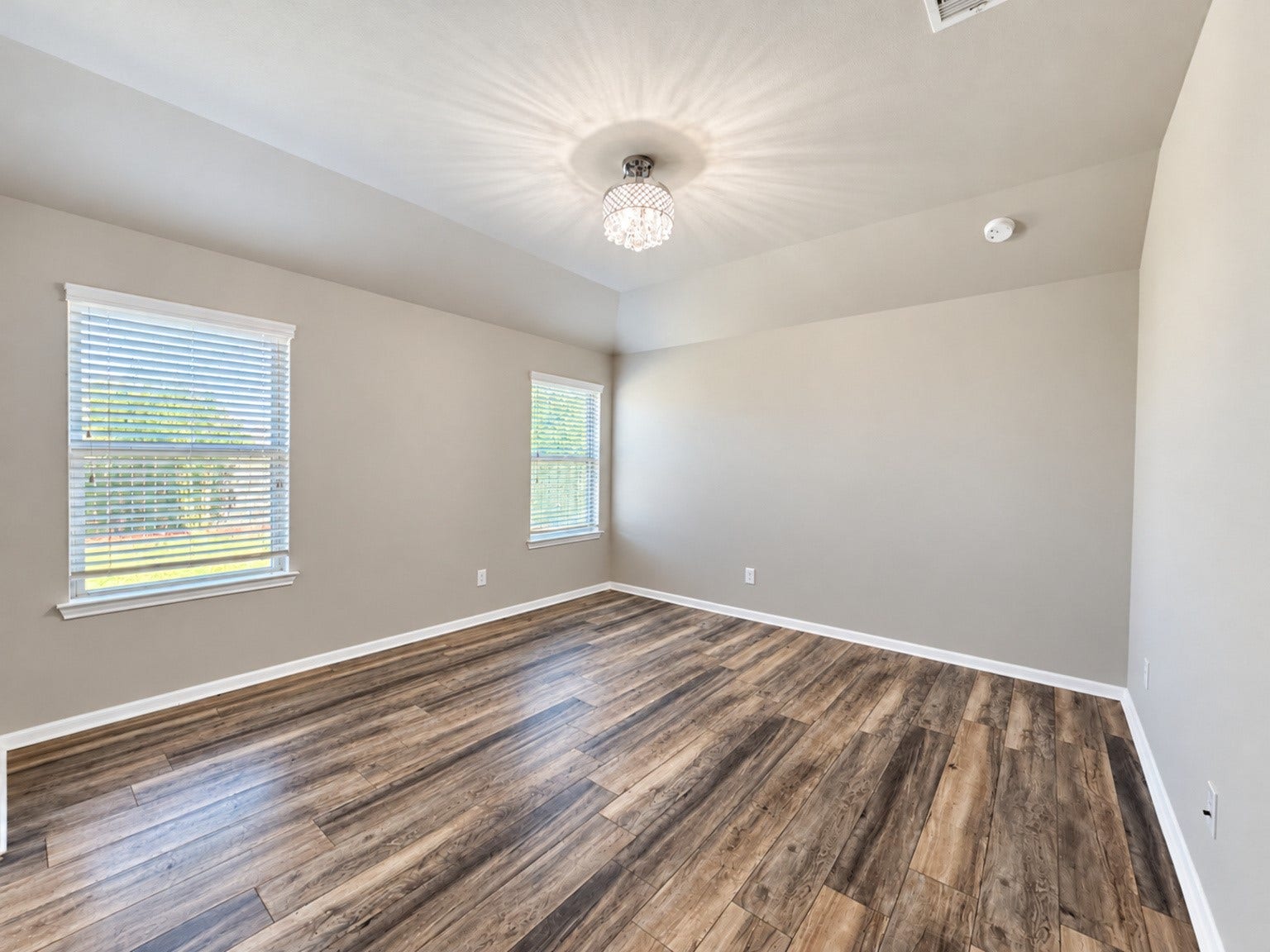 29202 Dunns Creek Court, Katy, TX 77494 Primary bedroom with wood-look flooring, two windows, and a decorative ceiling light.