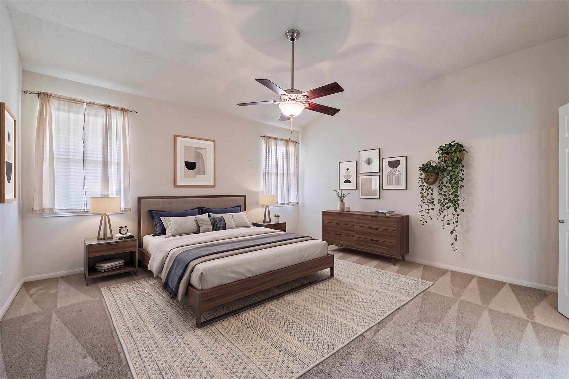 4404 Cypress Meadows Court, Dickinson, TX 77539 The generous primary suite is on the first floor, with high ceilings and views of the backyard. Room is virtually staged.